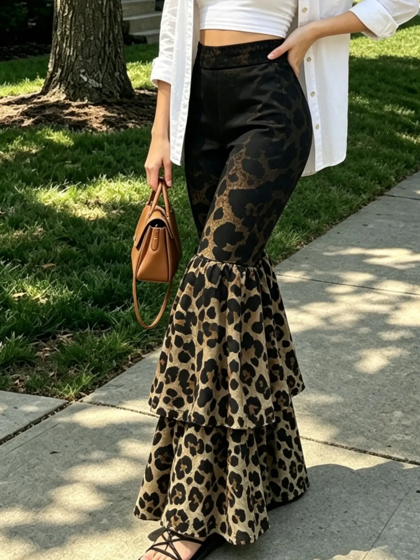 Autumn New Leopard Print Pants, Block, Double Layer Ruffle Wide Leg, Y2K Style, Party Fashion Women's Trousers