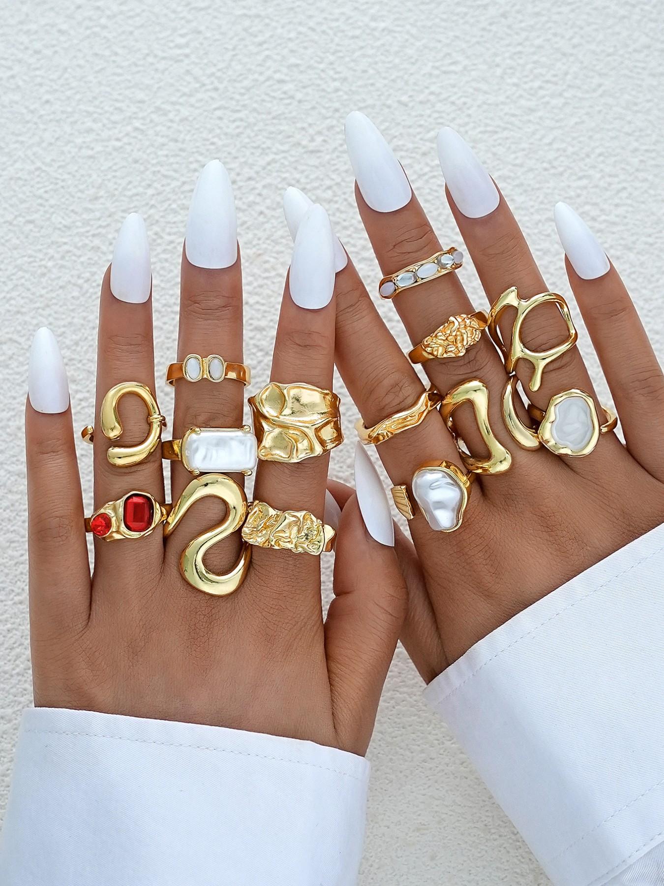 14-Piece Women's Fashion Stackable Rings Set, Vintage Chunky Boho Resin Pearl Colorful Rhinestone Wide Band Rings, Perfect Gift for Girlfriend Mom