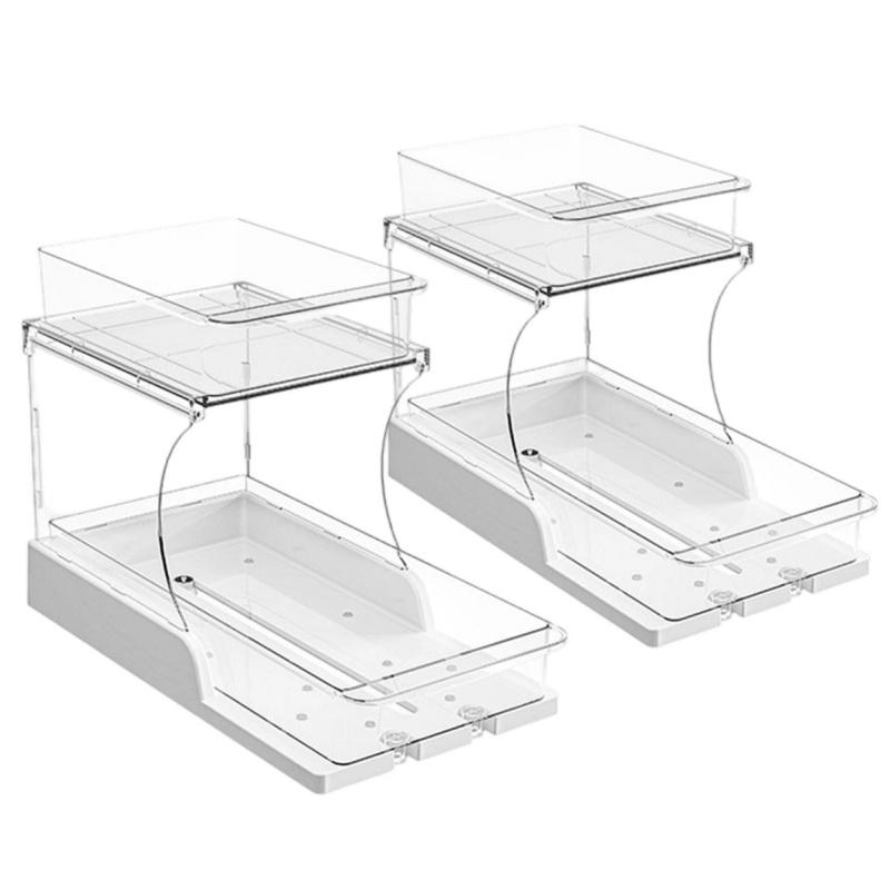 Double Layer Pull-Out Cabinet Organizer, Rotating Sliding Drawer Storage Rack, Kitchen and Bathroom Use, Under Cabinet Storage Shelf