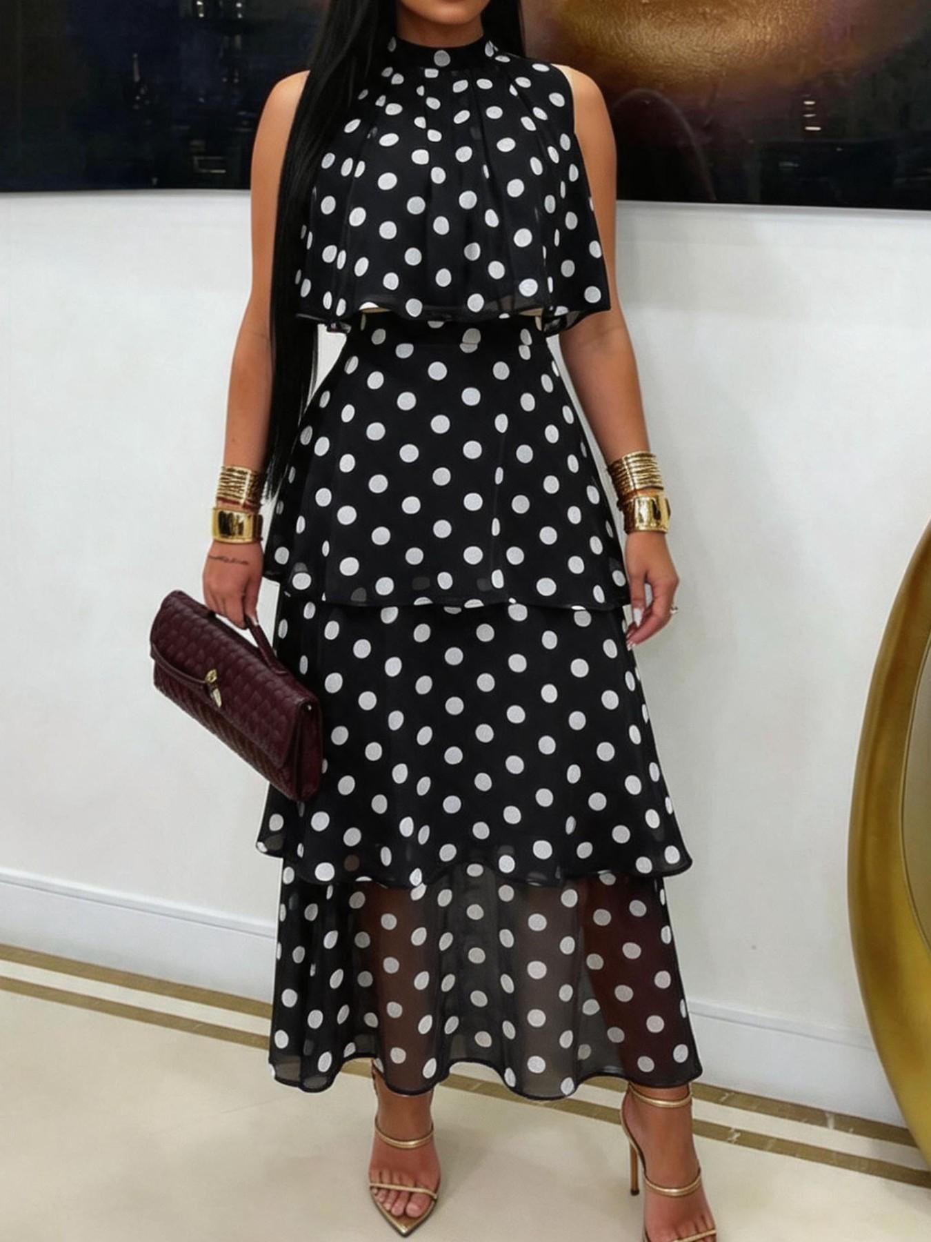 Fashionable chic women's polka dot two-piece dress set, high-waisted fitted sleeveless long dress, party-dating layered two-piece dress, elegant formal two-piece long dress for business gatherings, Dresses for party