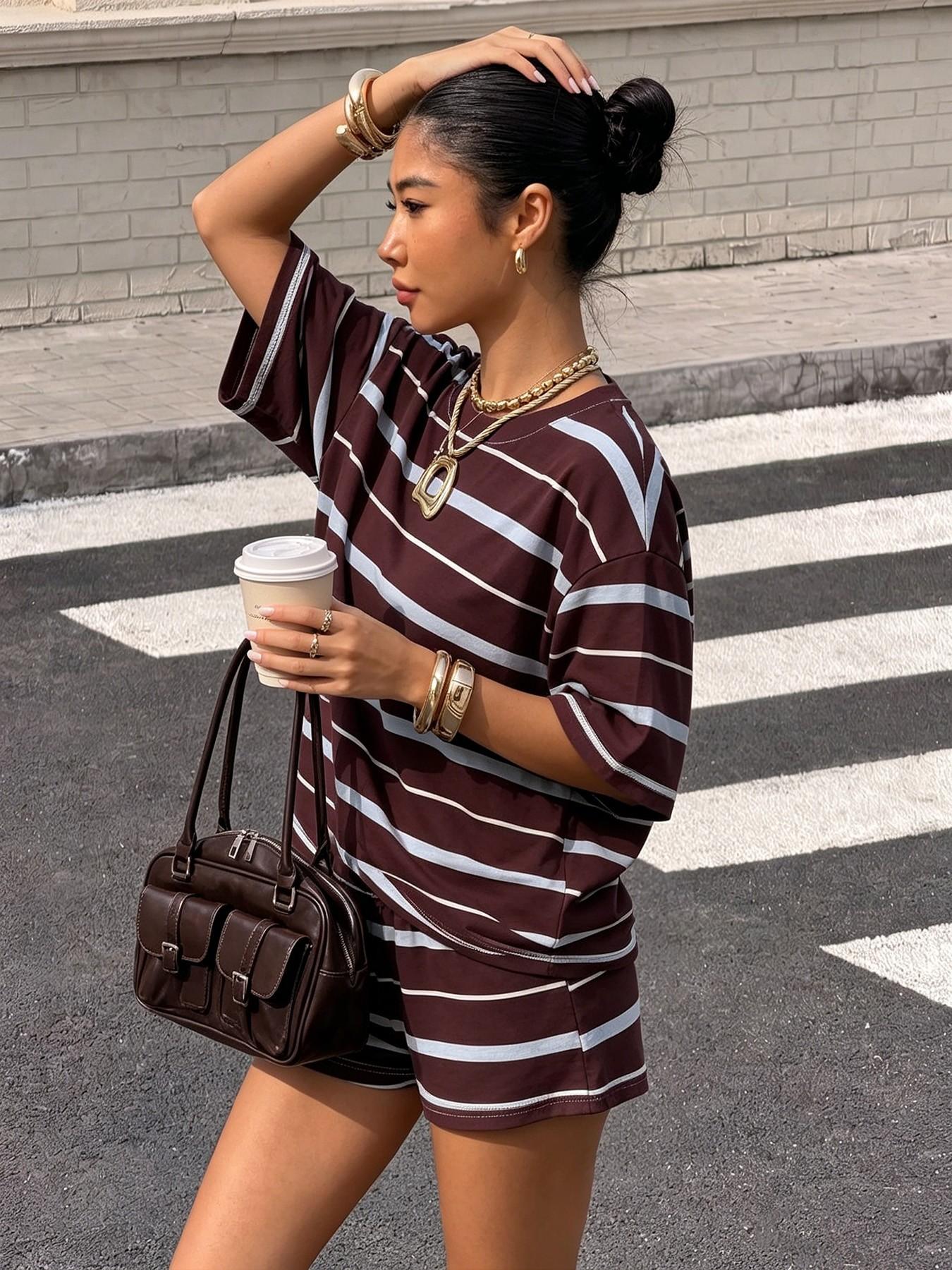 Women Two Piece Loungewear Set, Multi Tone Striped Tee & Mini Shorts, Soft Stretch, Casual Streetwear, Home, Comfortable Daily Wear