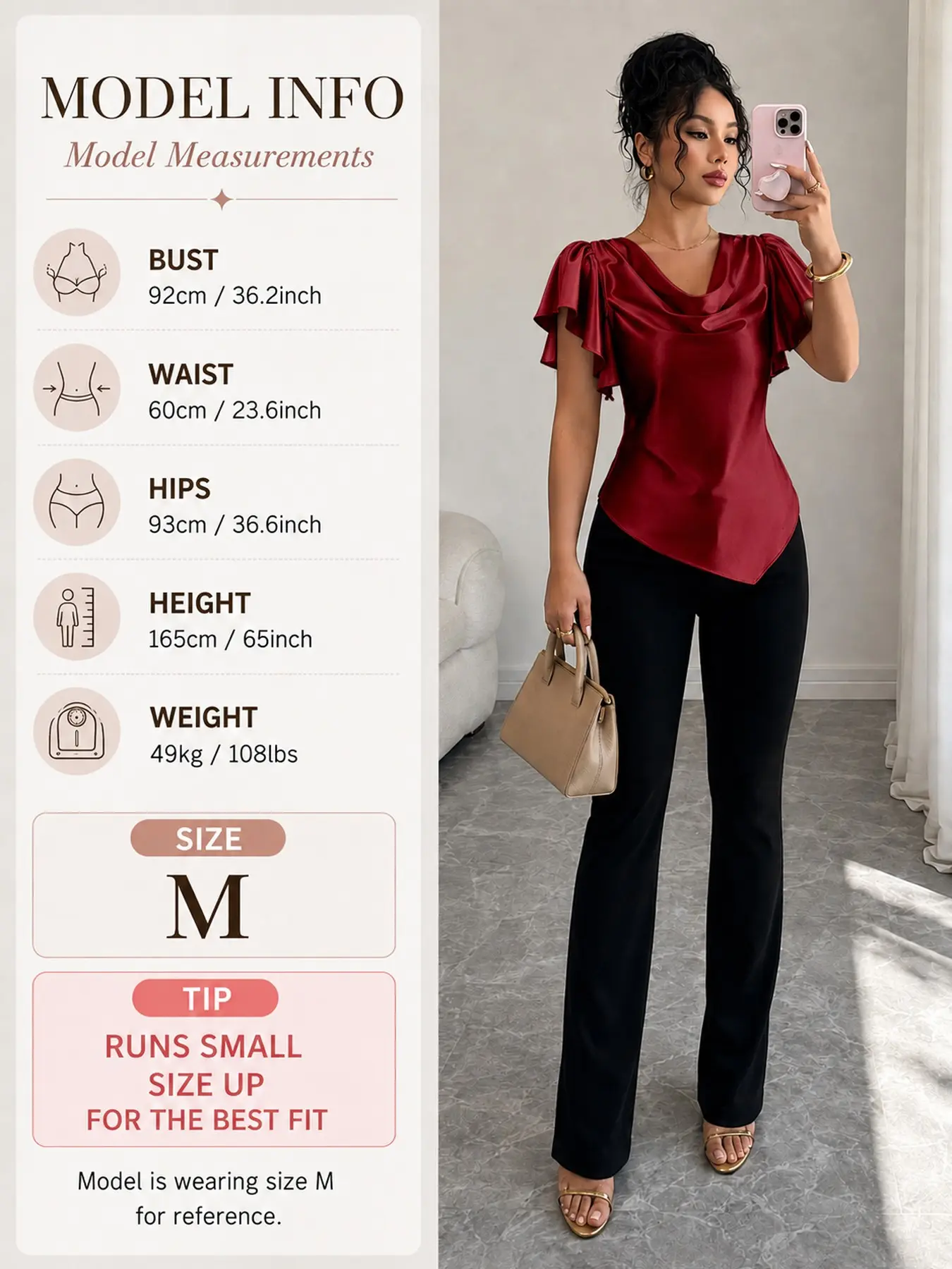 Elegant French Style Smooth Satin Drape Blouse, Ruffled Sleeve, Waist Cinch, Slim Fit, Office Wear Summer Top for Women
