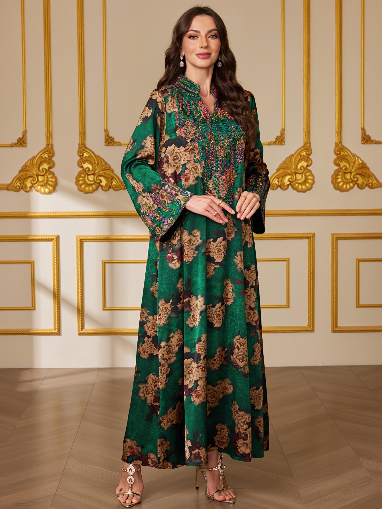 Middle Eastern Muslim Fashion Abaya, V-Neck Embroidered Ethnic Long Sleeve Islamic Embroidery Abaya Dress, Modest Style, All Seasons Fitted Glossy Fabric, 103375 Model