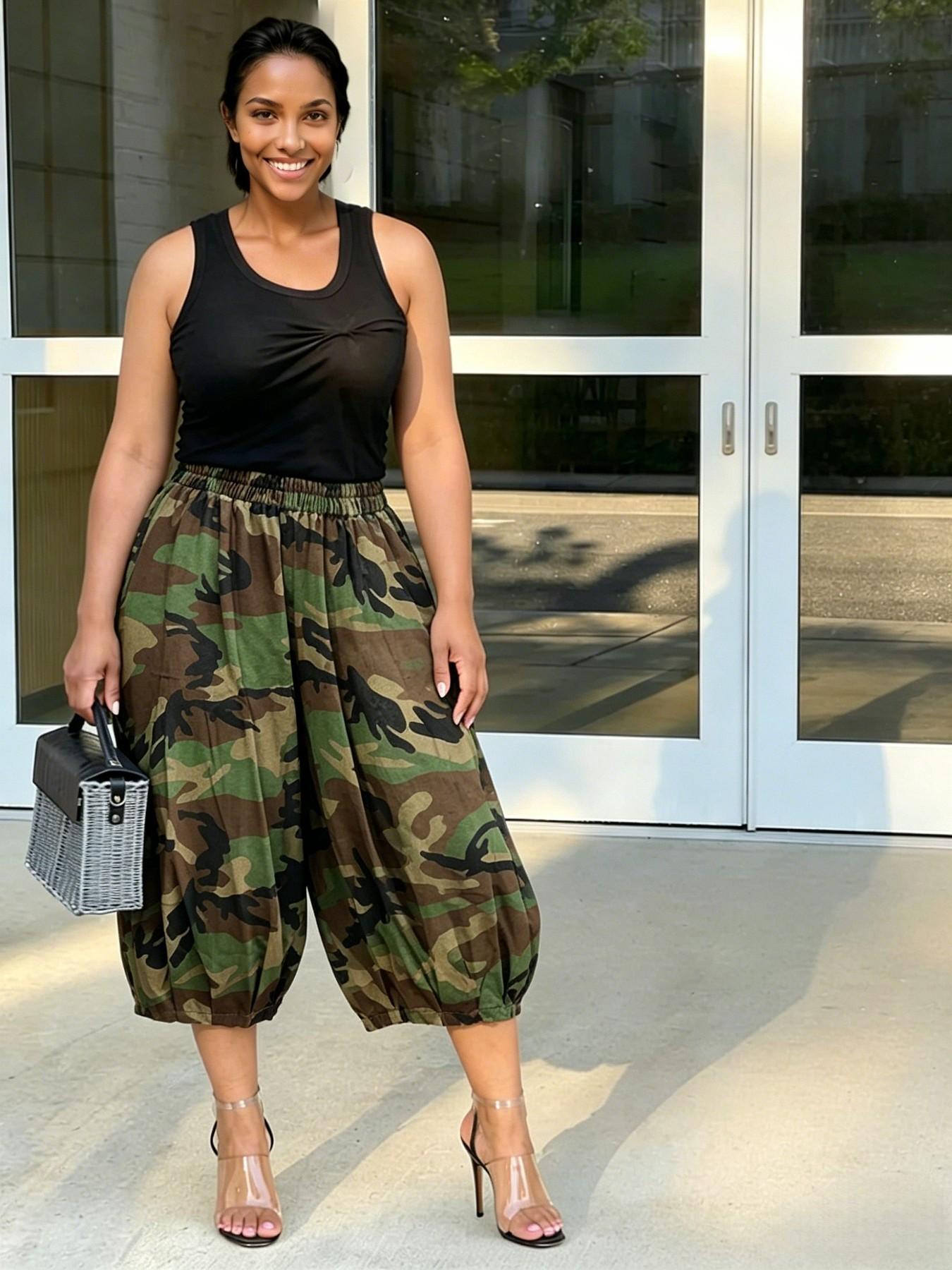Women's Fashion Casual Camouflage Print Pants, Elastic Waist Lantern Seven-Eighths Pants, Retro Vintage Style Loose-Fitting Trousers