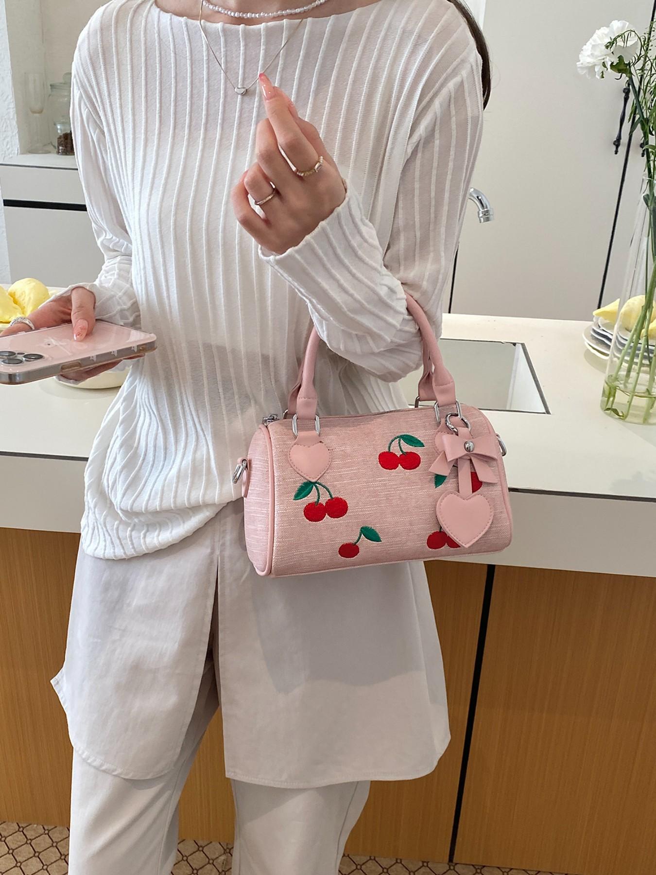 Sweet Cherry Boston Bag for Women, 2026 New Handbag, Cute Pillow Bag, Fashion Commute, Heart Charm, Full Cherry Print, PU Material