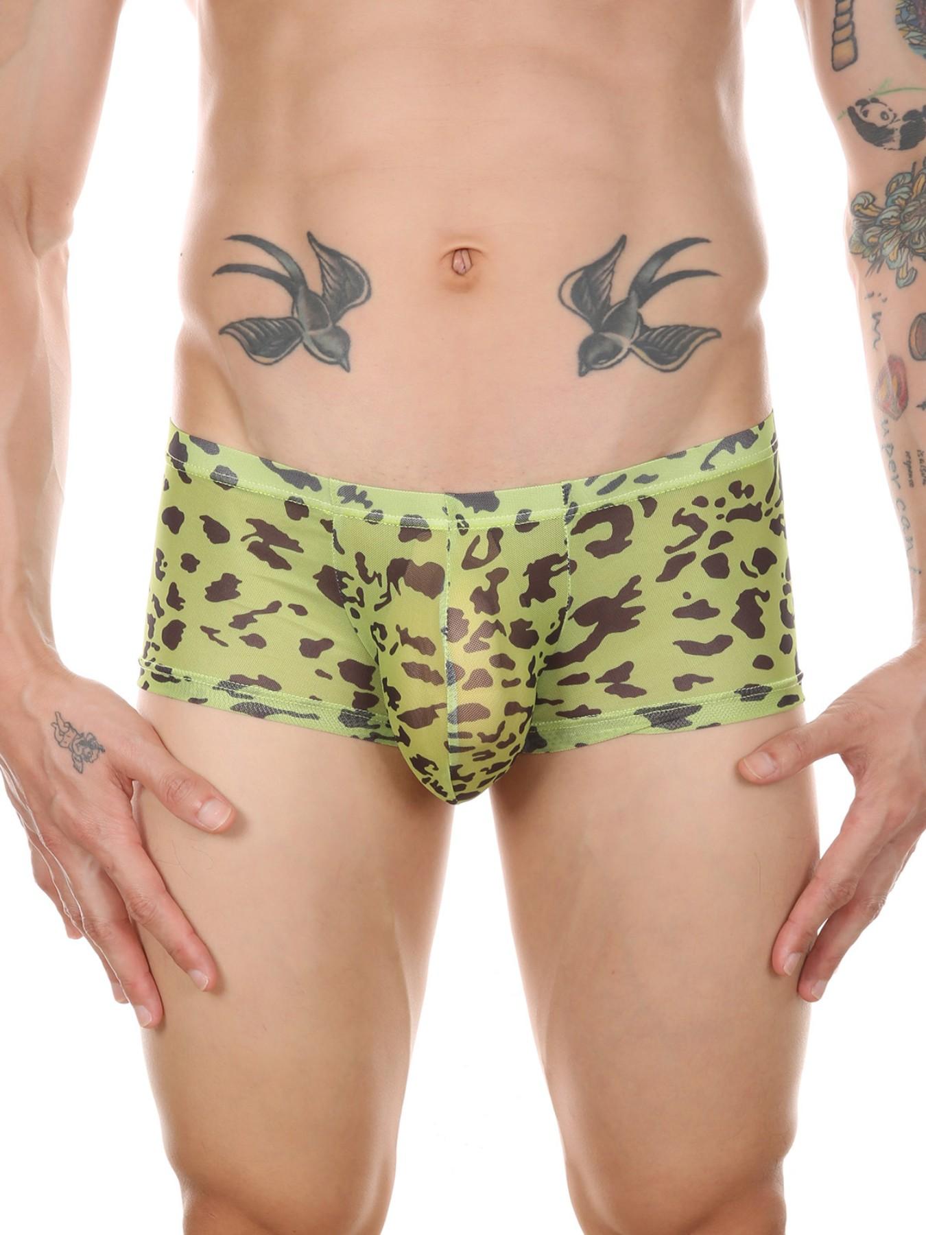 Men's Leopard Print Mesh Boxer Briefs Breathable Slim Fit Fashion Underwear