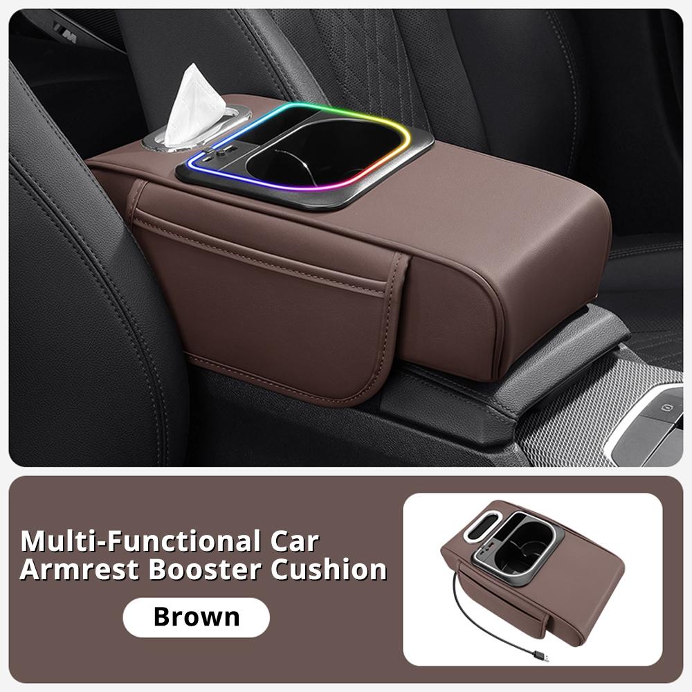 Car Multi-Functional Handrest Storage Cushion, Fast Charging Type C & Type a Dual Ports, Music Sync RGB Ambient Light, Easy Install, Car Armrest Box Accessories,  Car Console Organizer