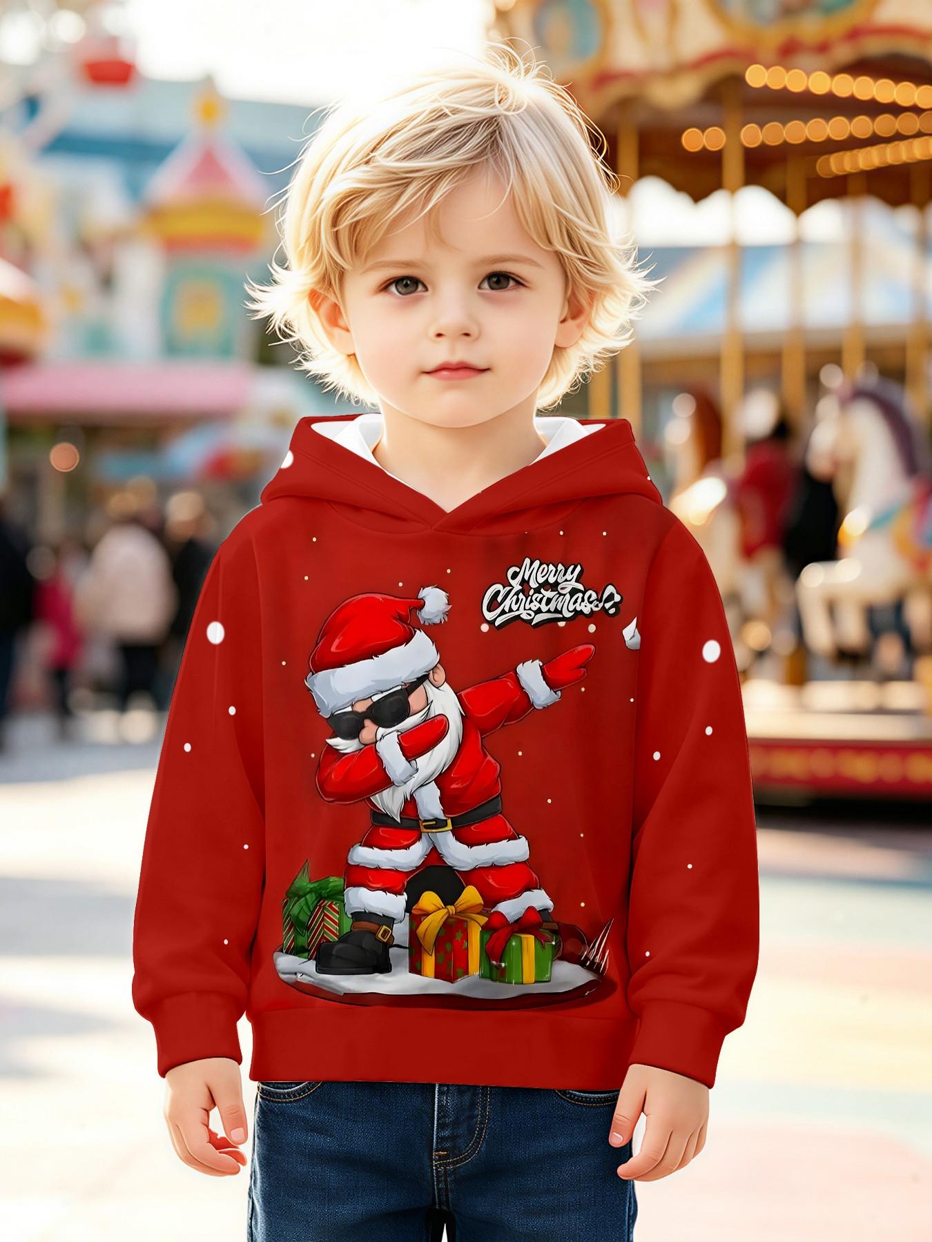 Christmas Santa Hat Hoodie for Boys, Long Sleeve Loose-Fit Casual Top, All over Print, Fall & Winter Festival