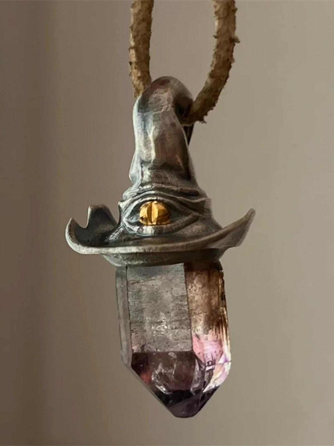 Vintage - Style Wizard Hat & Amethyst Crystal Celestial Pendant Design Necklace, Unique Occult - Inspired Jewelry, for Men & Women, Daily & Special Occasion Wear, Necklaces Men