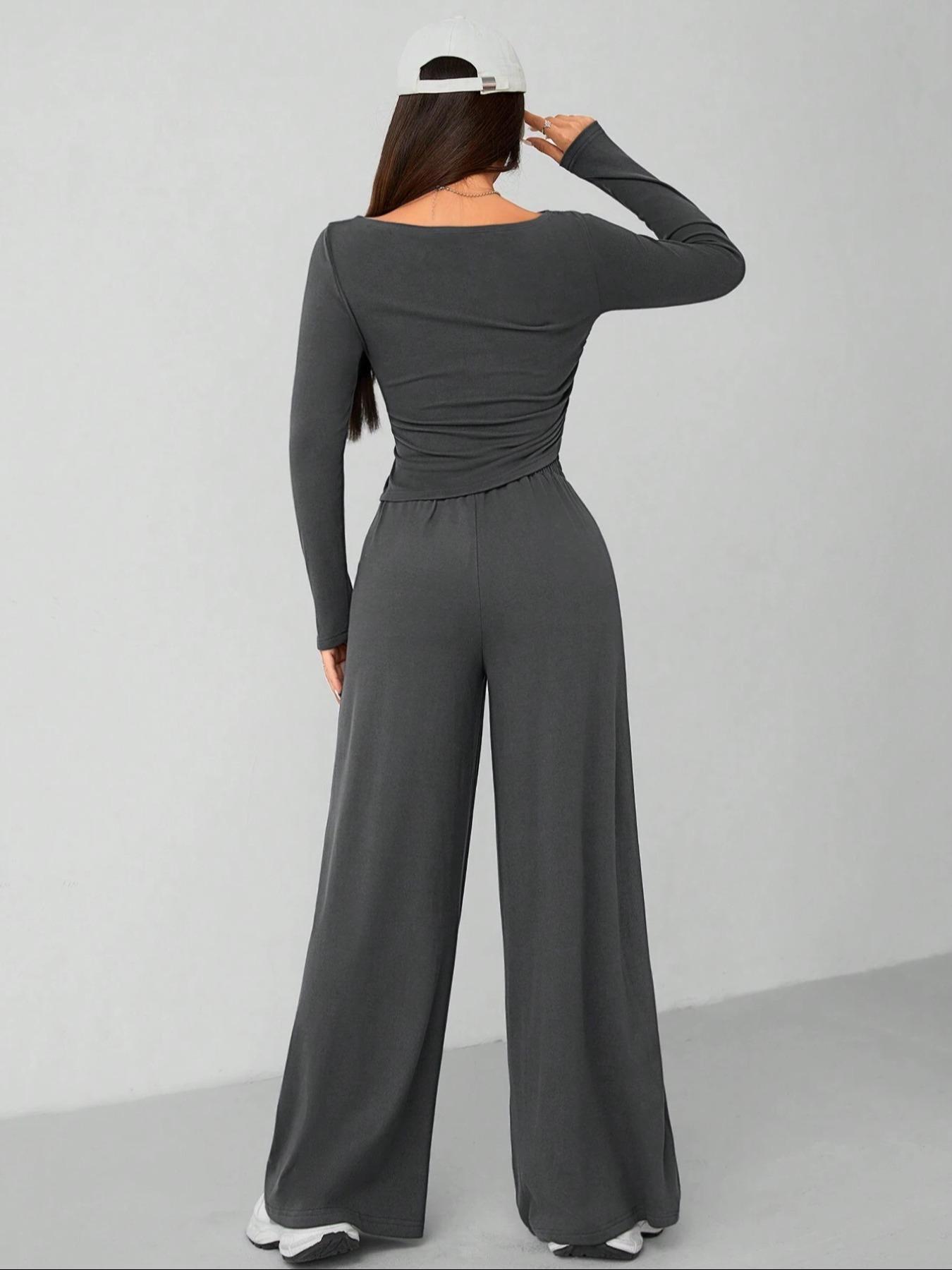 Women's Casual Long Sleeve Top & Wide Leg Pants Sporty Set, Comfortable Two-Piece Ensemble for Daily Wear, Sports Clothing Set, Athleisure Wear Set
