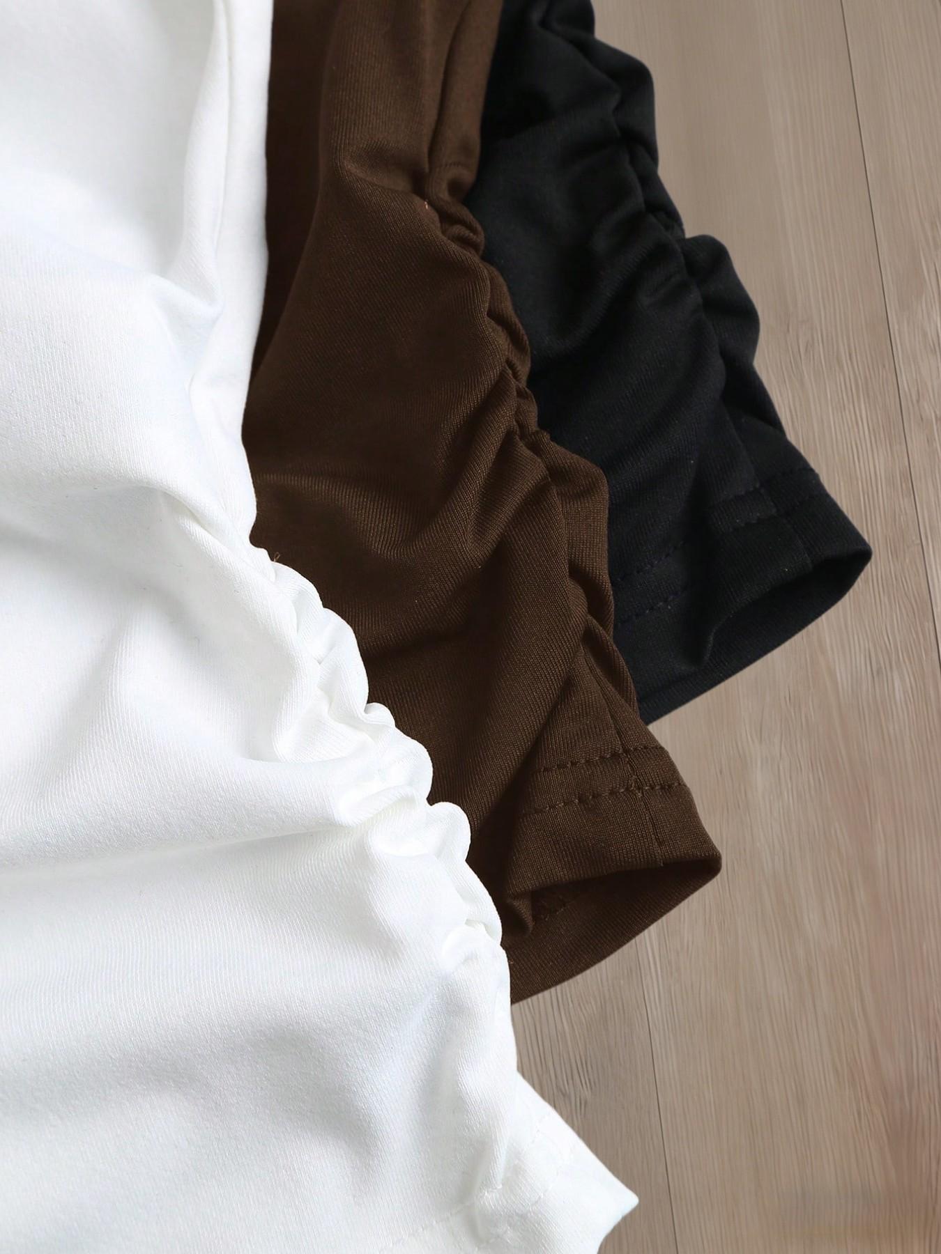 3 Pack Solid Color Ruched Crop Top for Women, Deep V Neck, Three-Quarter Sleeves, Slim Fit, Casual Chic Basic Minimalist T-Shirt
