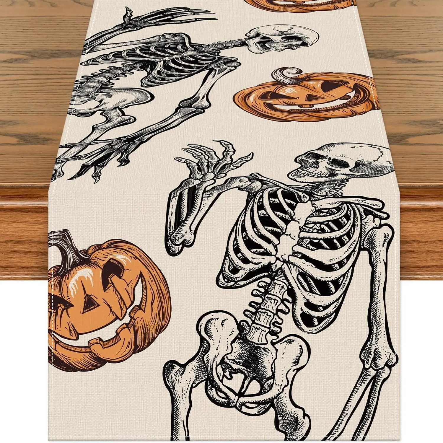 Halloween Table Runner 72x13 Inch, Beige Pumpkin Skeleton Kitchen Dining Table Decor for Fall Home Party