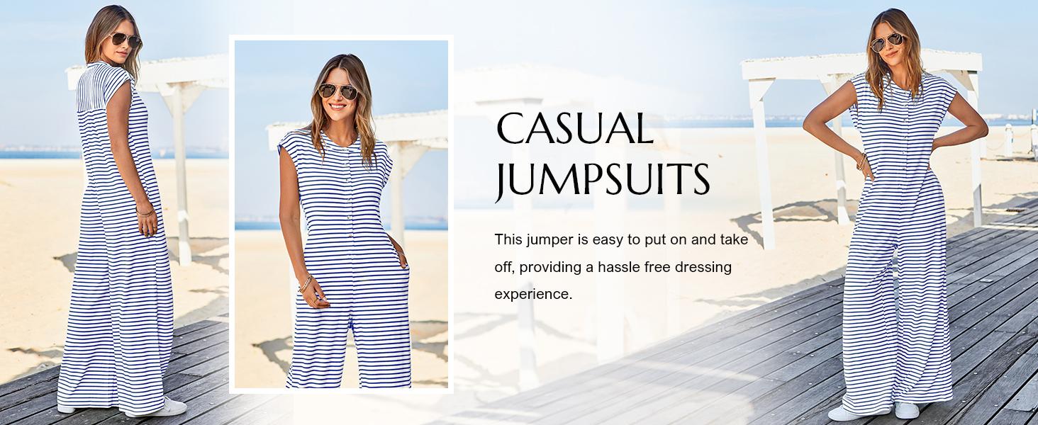 Cicy Bell Womens Casual Striped Jumpsuits Summer Cap Sleeve Wide Leg Jumper Romper Button Down Travel Beach Outfits