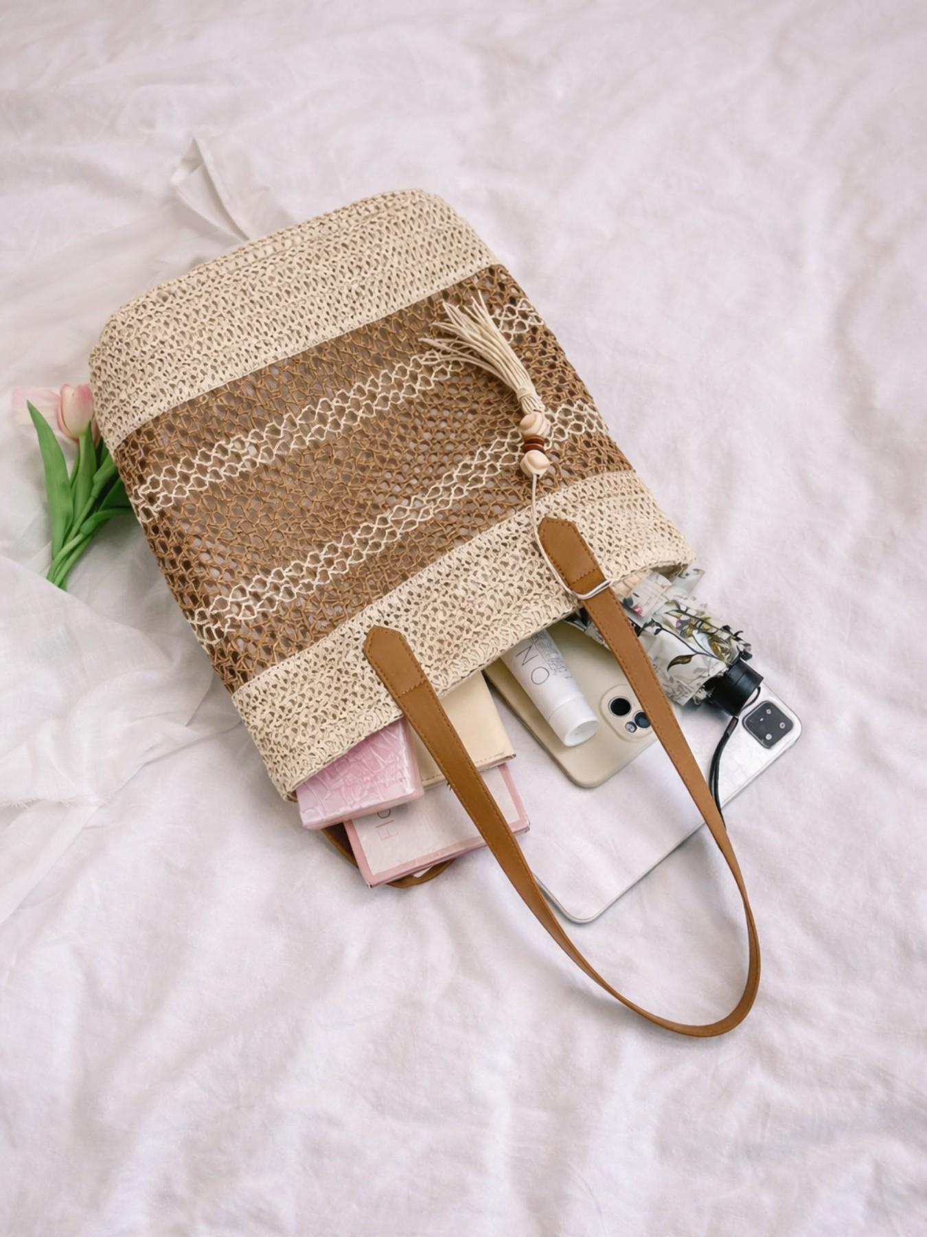 Vintage Tassel Woven Tote Bag 2026 | Boho Chic Hollow Out Straw Shoulder Bag | Large Capacity Crochet Beach Vacation Purse | Minimalist Aesthetic Summer Handbag for Women