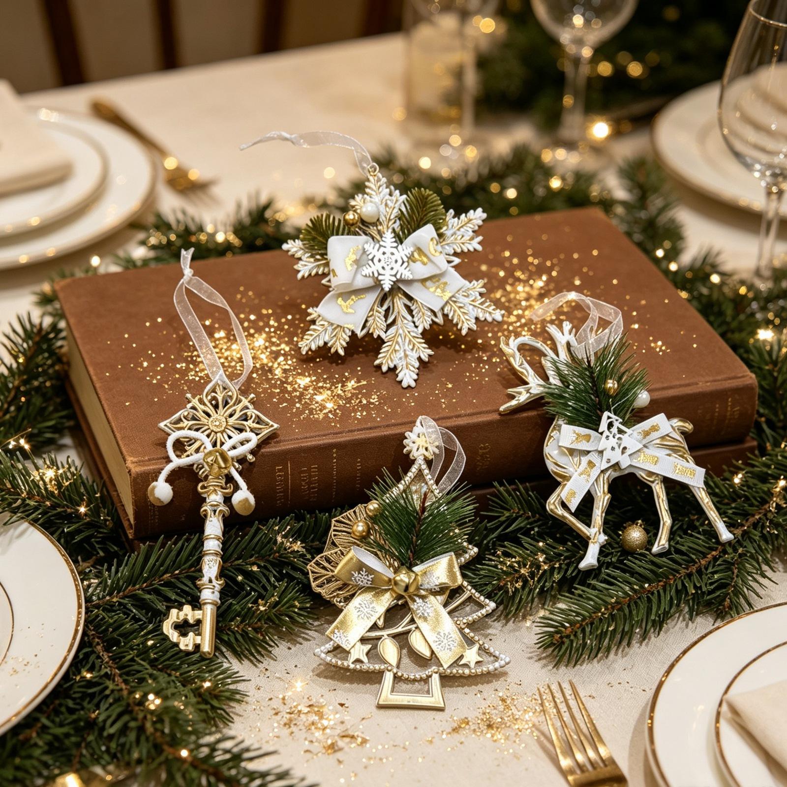 1Pc Christmas Ornaments, White & Gold Vintage Plastic Hanging Decorations, Snowflake Reindeer Key Christmas Tree Pendants, Suitable for Christmas Tree Decor, Holiday Decor, Window & Home Festival Atmosphere Decor