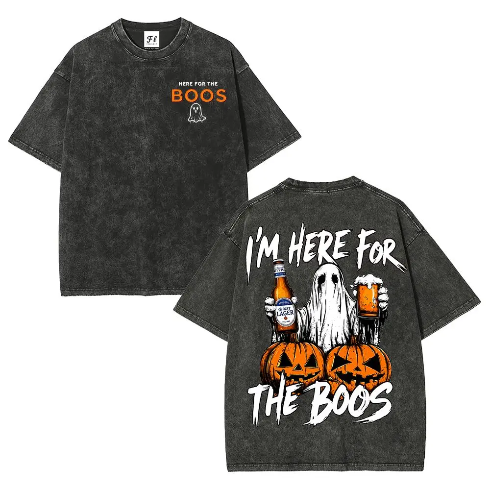 Mens Vintage Acid Wash Oversized Short-Sleeve T-Shirt - Unisex Sizes, Back "I’m Here For The Boos" Ghost Beer Pumpkin Double Print, Soft Light Fabric, Spooky Theme, Casual Halloween Beer Lover Holiday Gift Top