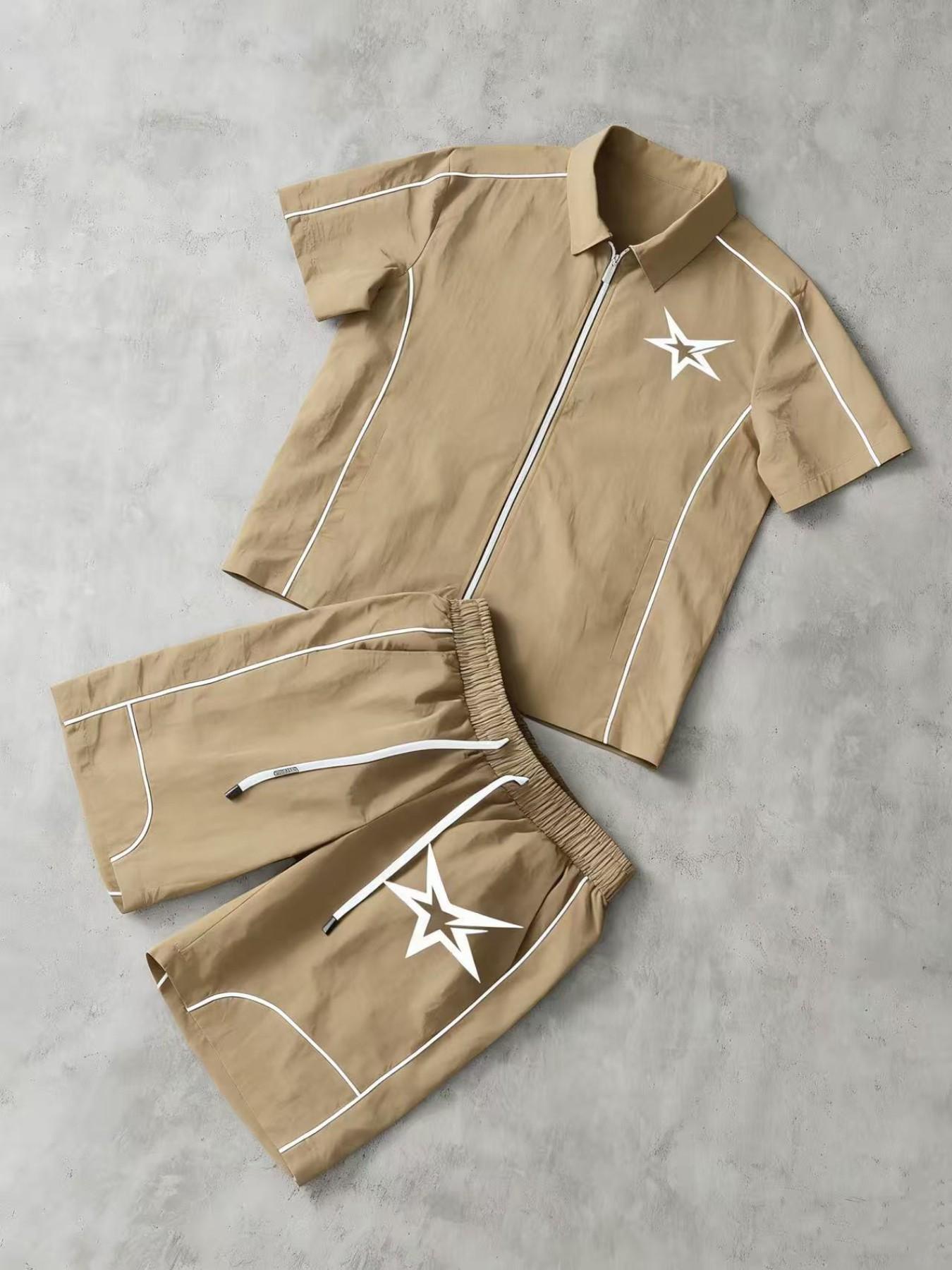 Stars Pattern Casual Set Short Sleeve Zipper Shirt + Gym Shorts Two-Piece Set, Breathable Comfort Spring Summer Daily Wear
