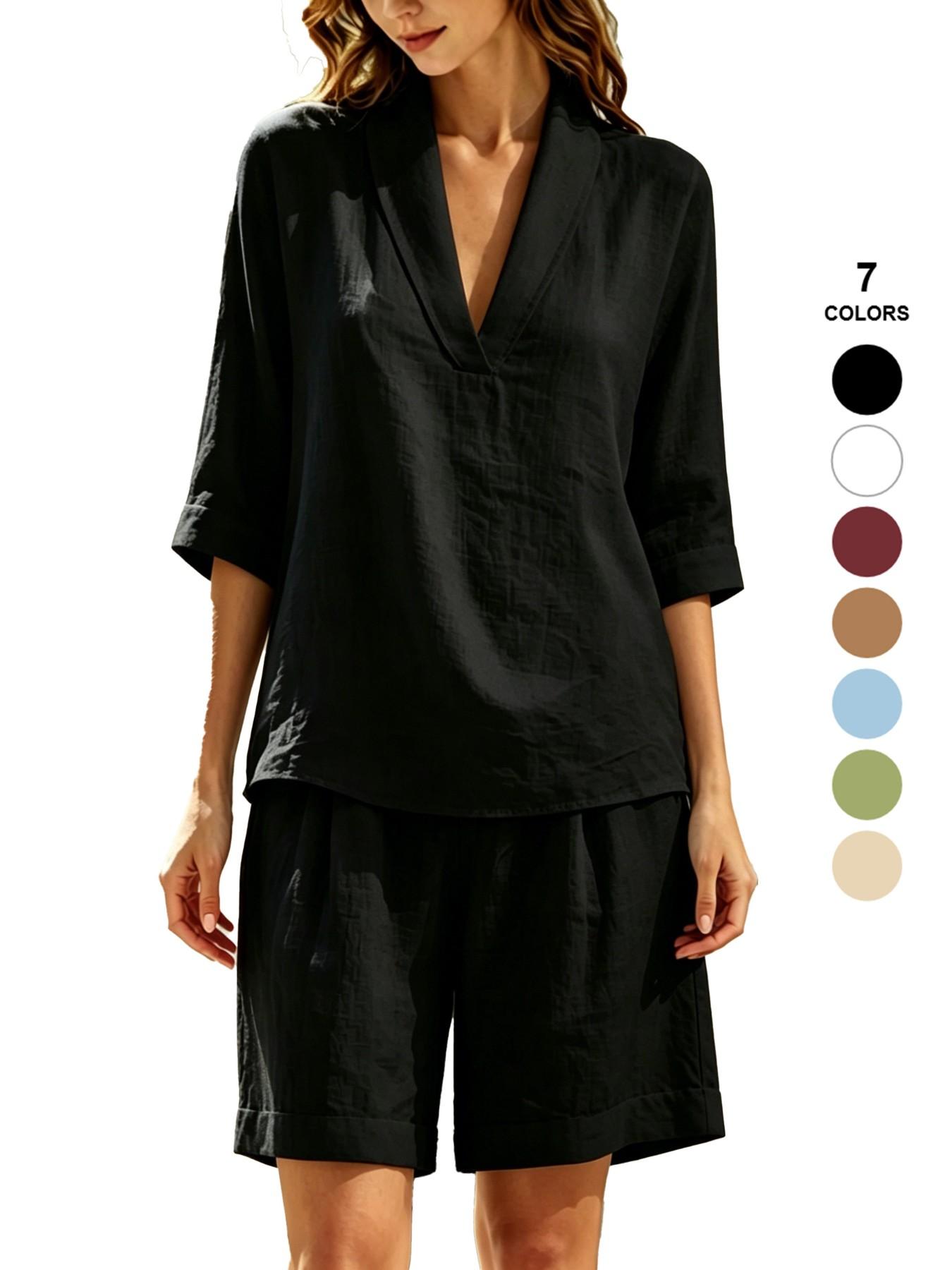 Spring Summer Women's Two-Piece Set, Sexy V-Neck Baggy Short Sleeve T-Shirt Top, Wide Leg Shorts, Beach and Vacation Casual Fashion Loungewear Clothes