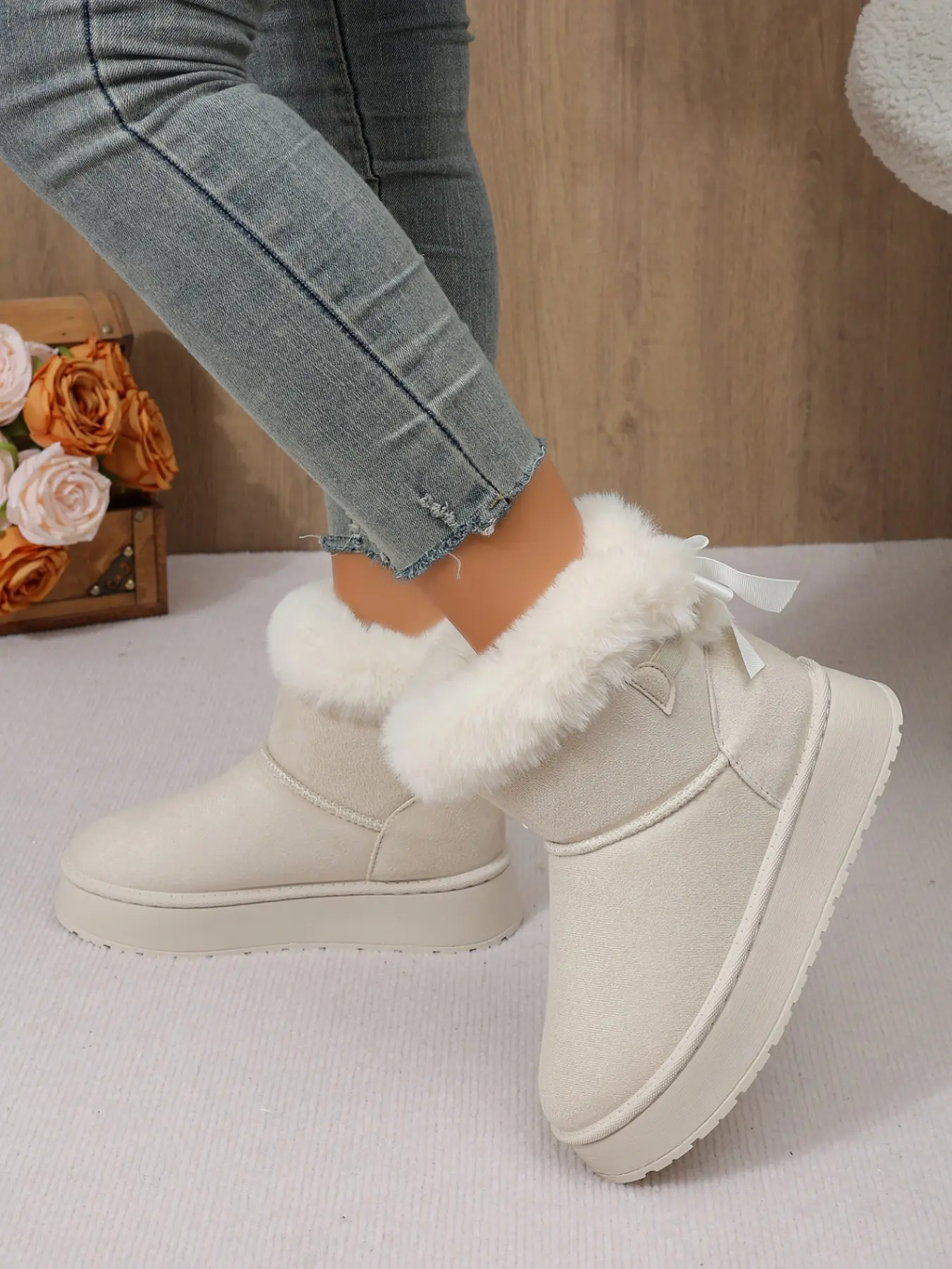 Women's Faux Fur Thick Sole Short Booties, Round Toe Slip-On Design, Butterfly Knot Detail, Warm Winter Footwear, Fluffy Fur Boots