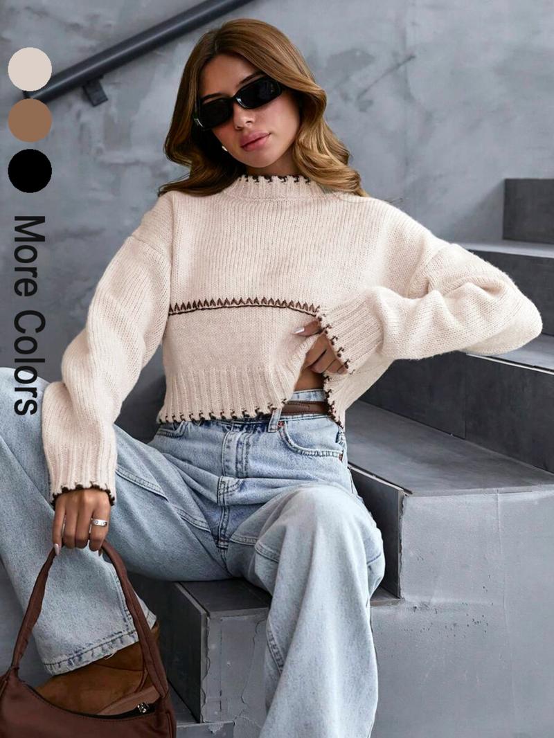 Women's Casual Colorblock Round Neck Drop Shoulder Long Sleeve Short Sweater Knitwear, Elegant Geometric Pattern, Spring & Fall Fashion Women's Casual Colorblock Round Neck Drop Shoulder Long Sleeve Short Sweater Knitwear, Elegant Geometric Pattern, Spring & Fall Fashion