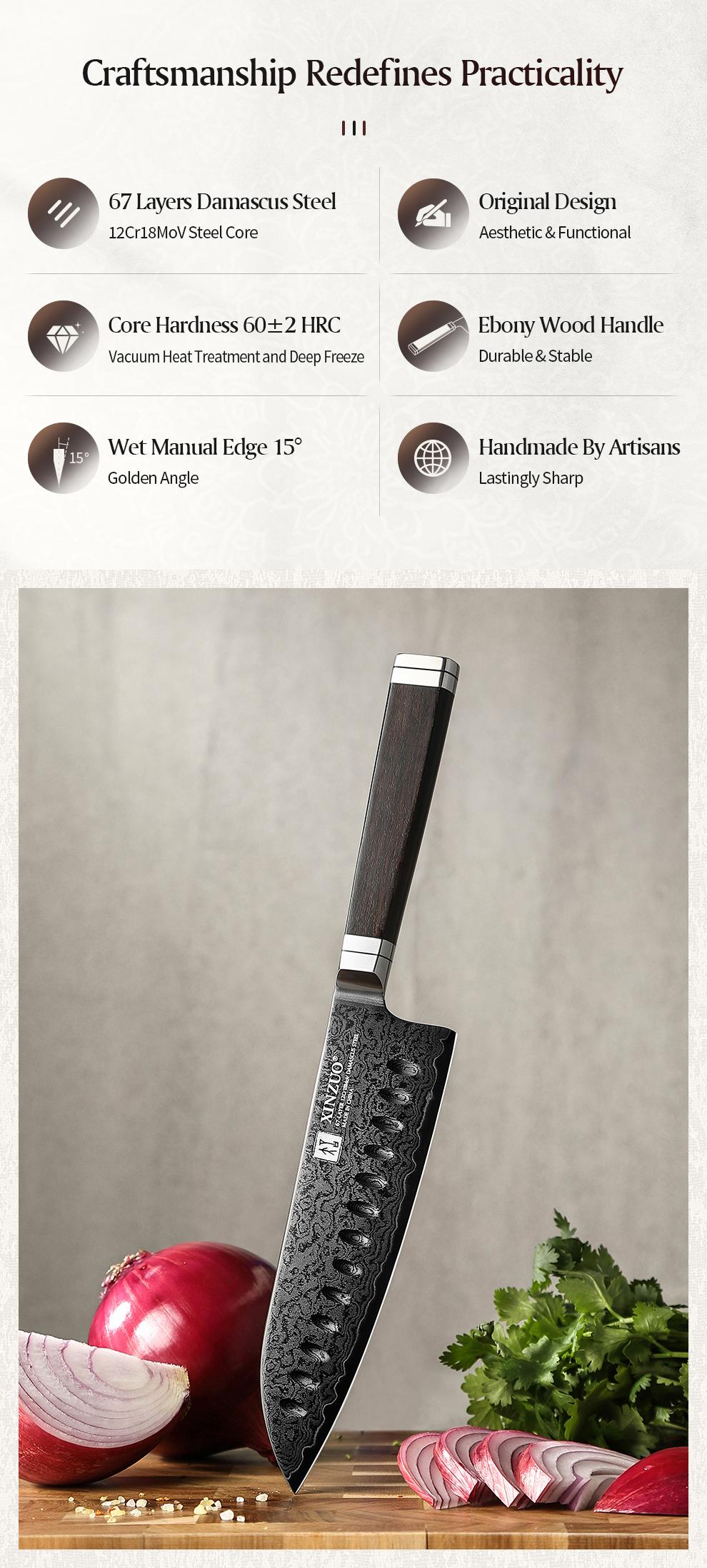 XINZUO High Carbon Steel 7.2 Inch Santoku Knife, 67 Layers Damascus Steel, 12Cr18MoV Core, Ebony Wood Handle, Handmade By Artisans, Kitchen Tool