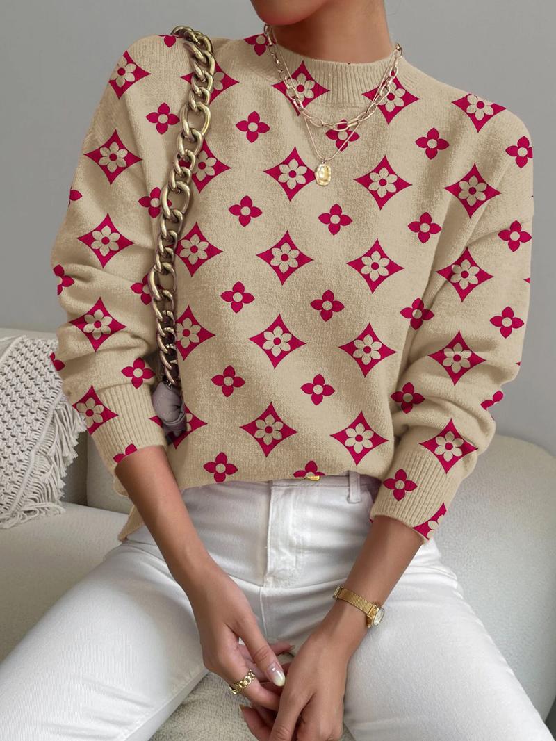 Women's Geometric Pattern Stand Collar Sweater, Fall Winter Casual Long Sleeve Knitwear, Comfortable Warm Daily Wear Women's Geometric Pattern Stand Collar Sweater, Fall Winter Casual Long Sleeve Knitwear, Comfortable Warm Daily Wear