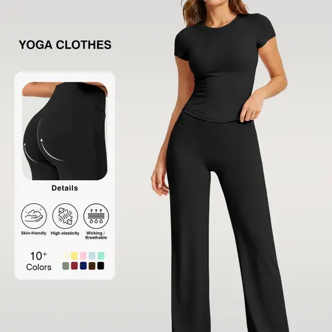 Women's Two-Piece Sportswear Set, Lightweight Short Sleeve T-Shirt and Wide Leg Pants, Quick-Dry Breathable Fitness Yoga Active Wear