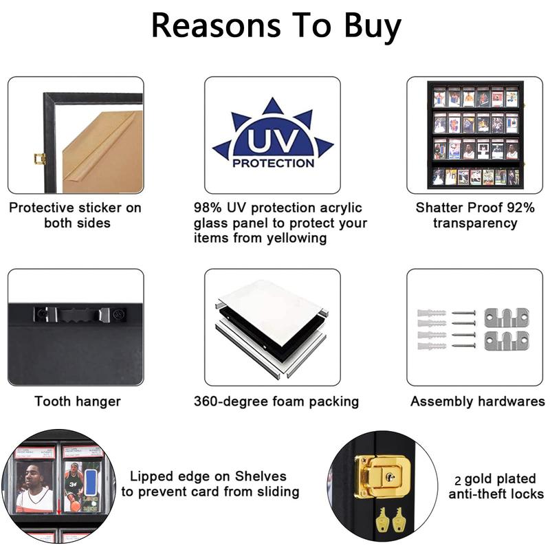 IHEIPYE Baseball Card Display Case 24 Graded Sport Card Display Case Vertical Wall Mount with Clear View and UV Protection Acrylic Door for Baseball Football Basketball Hockey Trading Card Collection, Black