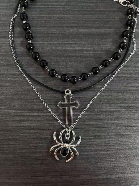 Women's Punk Style Spider Cross Pendant Necklace Set, Vintage Dark Gothic Design, Beaded Chain Jewelry for Parties