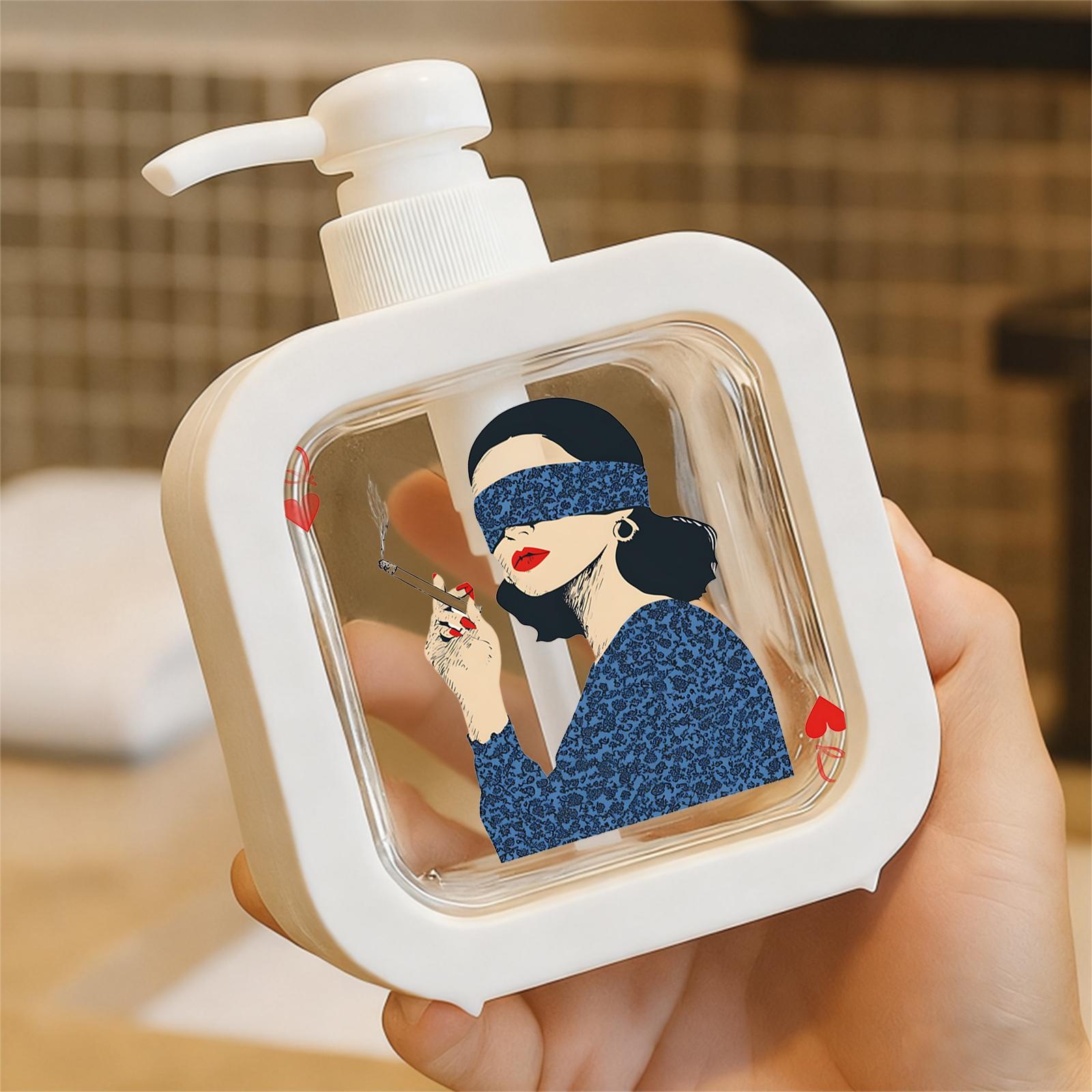 Moisturizing Soap Pump Bottle - Retro Queen of Hearts Design with Blue Blindfold & Floral Dress, Kitchen & Bathroom Soap Dispenser for Artistic Home Decor