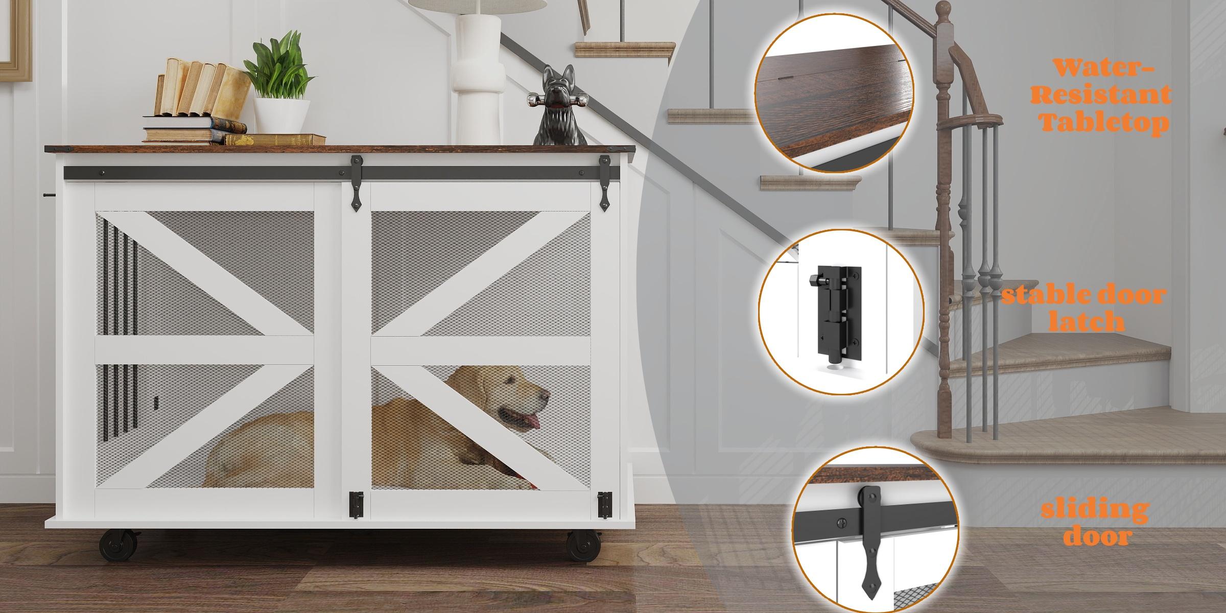 47.2*23.6*34.8 Inch Brown‑White Farmhouse Dog Crate Furniture, Wooden Kennel with Wheels, Removable Divider, Barn Door & Metal Corners for 2 Small Dogs or 1 Large Dog