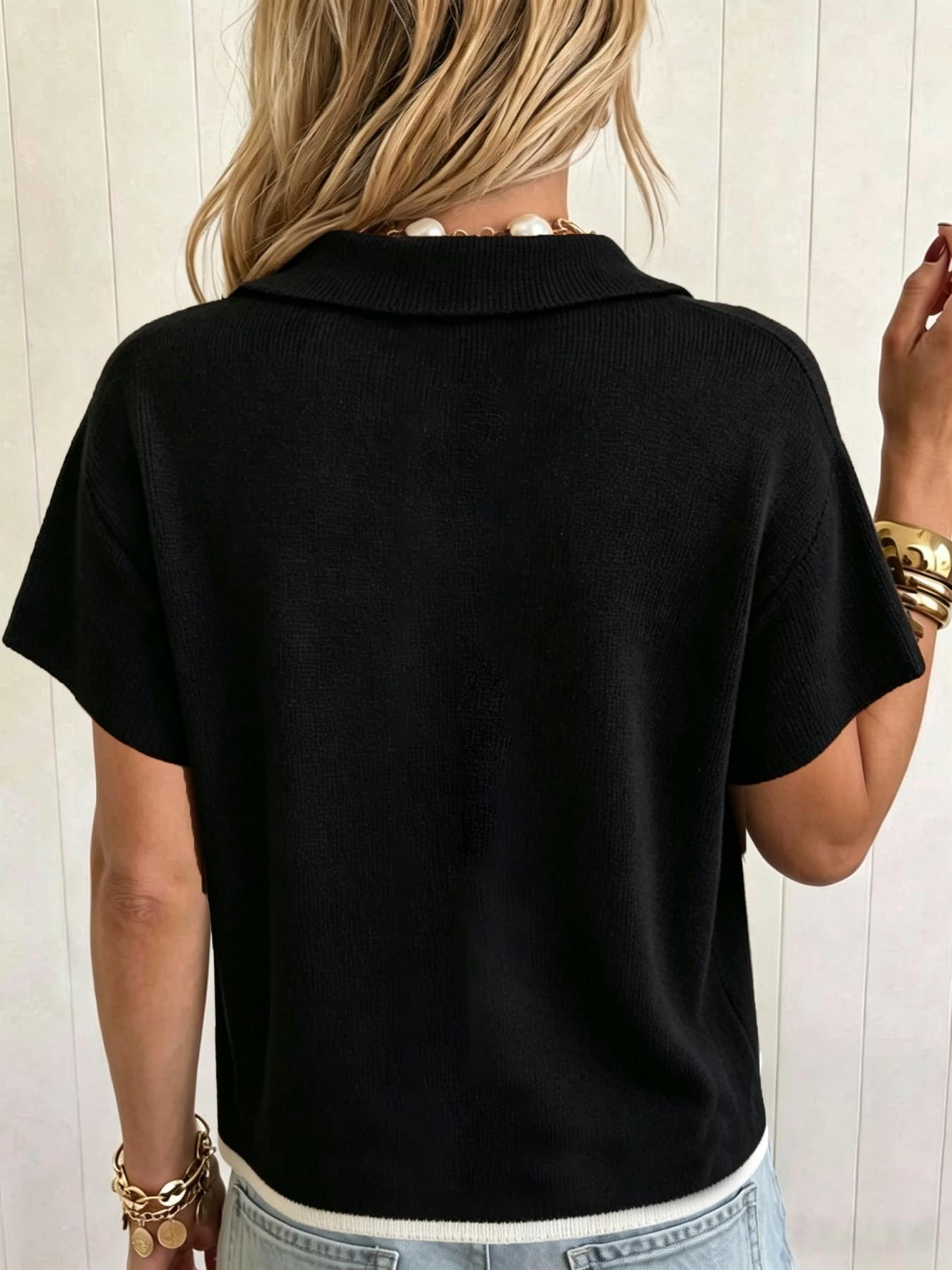 Elegant Polo Neck Button Front Pullover, Casual Colorblock Short Sleeve Top, Loose Fit Fall Fashion Women's Sweater