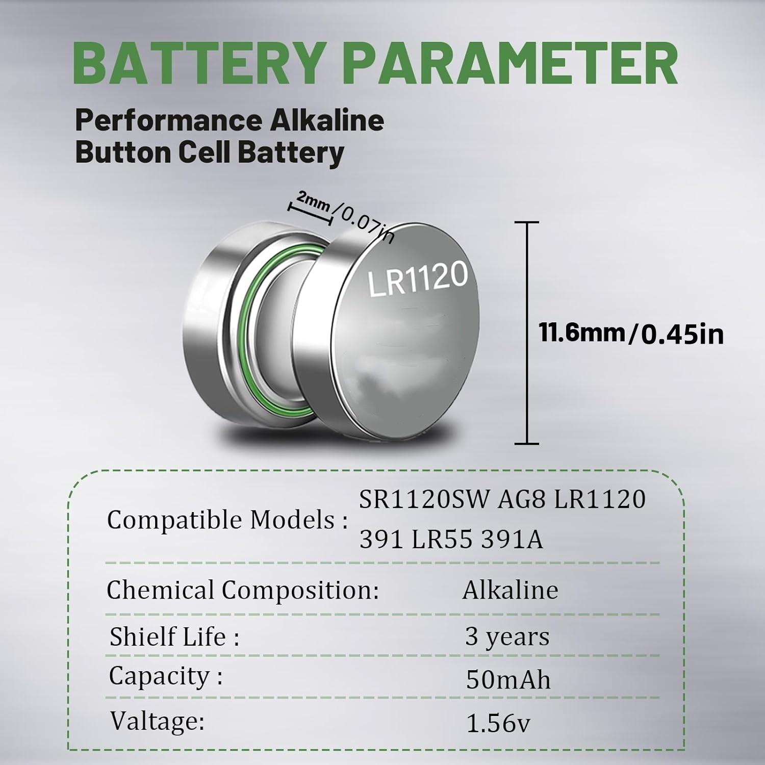 Ag8 Lr1120 Lr57 Sr55 Lr55 1.5v Alkaline Button Battery, for Car Key Fob, Calculator, Watch, Small Electronics, Replacement Battery