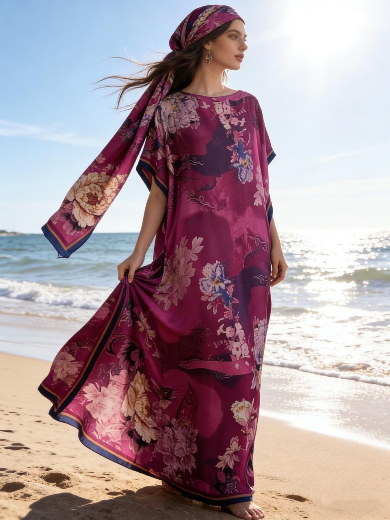 1dress+1scarf Viral Purple Floral Print Satin Kaftan Maxi Dress with Matching Scarf – Silky Loose Fit, Plus Size Friendly, Luxury Loungewear, Beach Cover Up & Evening Party Wear, Must-Have Resort Fashion Piece