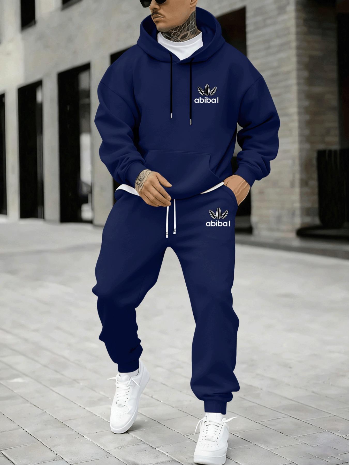 Hypemode Plus Size Set, Letter Print Geometric Long Sleeve Hoodie & Jogger Pants, Casual Style, Comfortable Fit, Cozy Set, Daily Wear, Fall & Winter Fashion