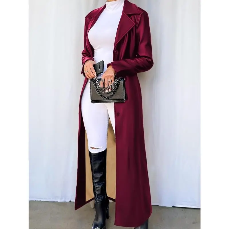 2271 Autumn Winter Women's Fashion New PU Leather Turn-down Collar Long Sleeve Candy Color Warm Long Coat