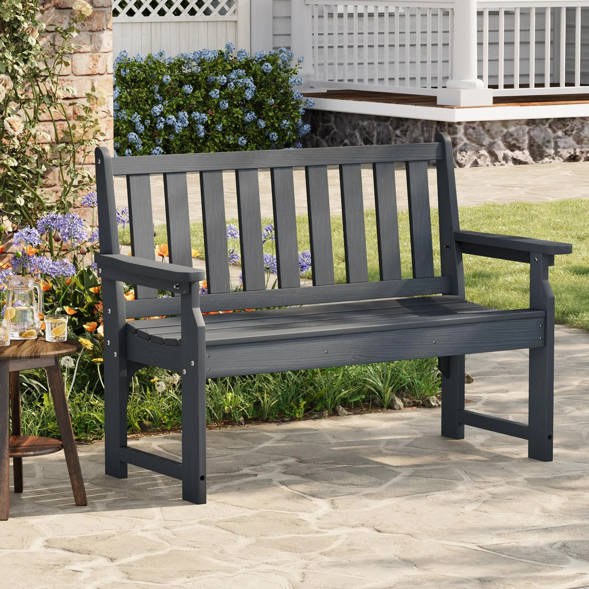 GARVEE All-Weather Outdoor Bench, 2-Person Poly Lumber Garden Bench with 800lb Capacity,Grey