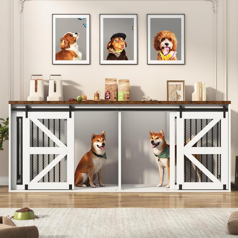 87In Farmhouse Dog Crate TV Stand, Wooden Dog Kennel Furniture with Sliding Metal Mesh Barn Door, Large Dog Crate Furniture for 2 Dogs, Solid Metal Tube & 2 Lockable Doors, White & Brown/Rustic Brown/Black 87In Farmhouse Dog Crate TV Stand, Wooden Dog Kennel Furniture with Sliding Metal Mesh Barn Door, Large Dog Crate Furniture for 2 Dogs, Solid Metal Tube & 2 Lockable Doors, White & Brown/Rustic Brown/Black