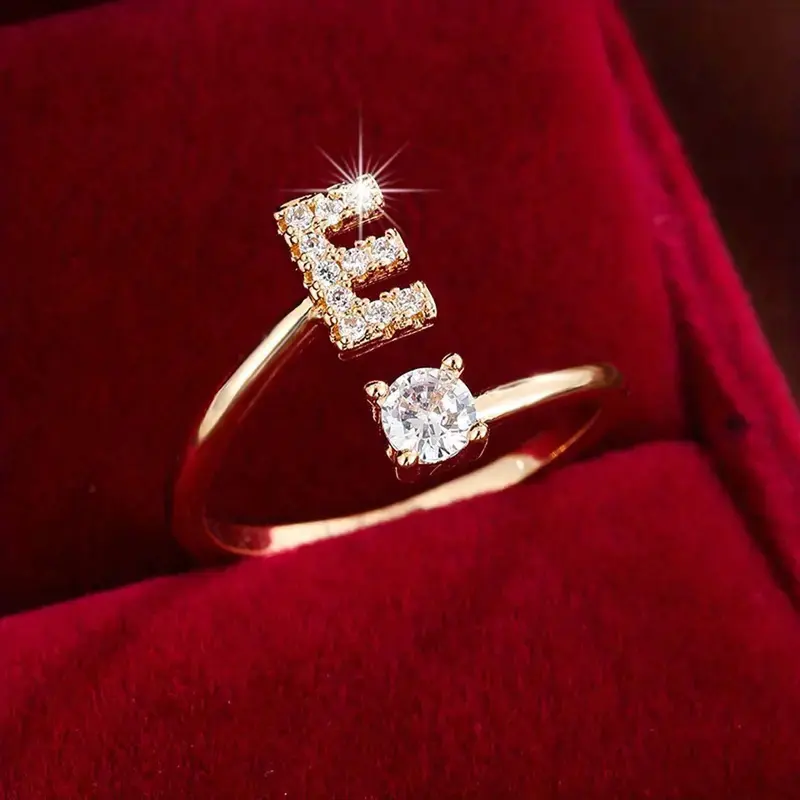 Exquisite Trendy Minimalist Adjustable Initial Letter Zircon Crystal Artificial Gemstone Ring - 26-Letter Band, Unisex Fashion Rings, Anniversary Gift for Him, Adult Jewelry Accessory for Everyday Wear