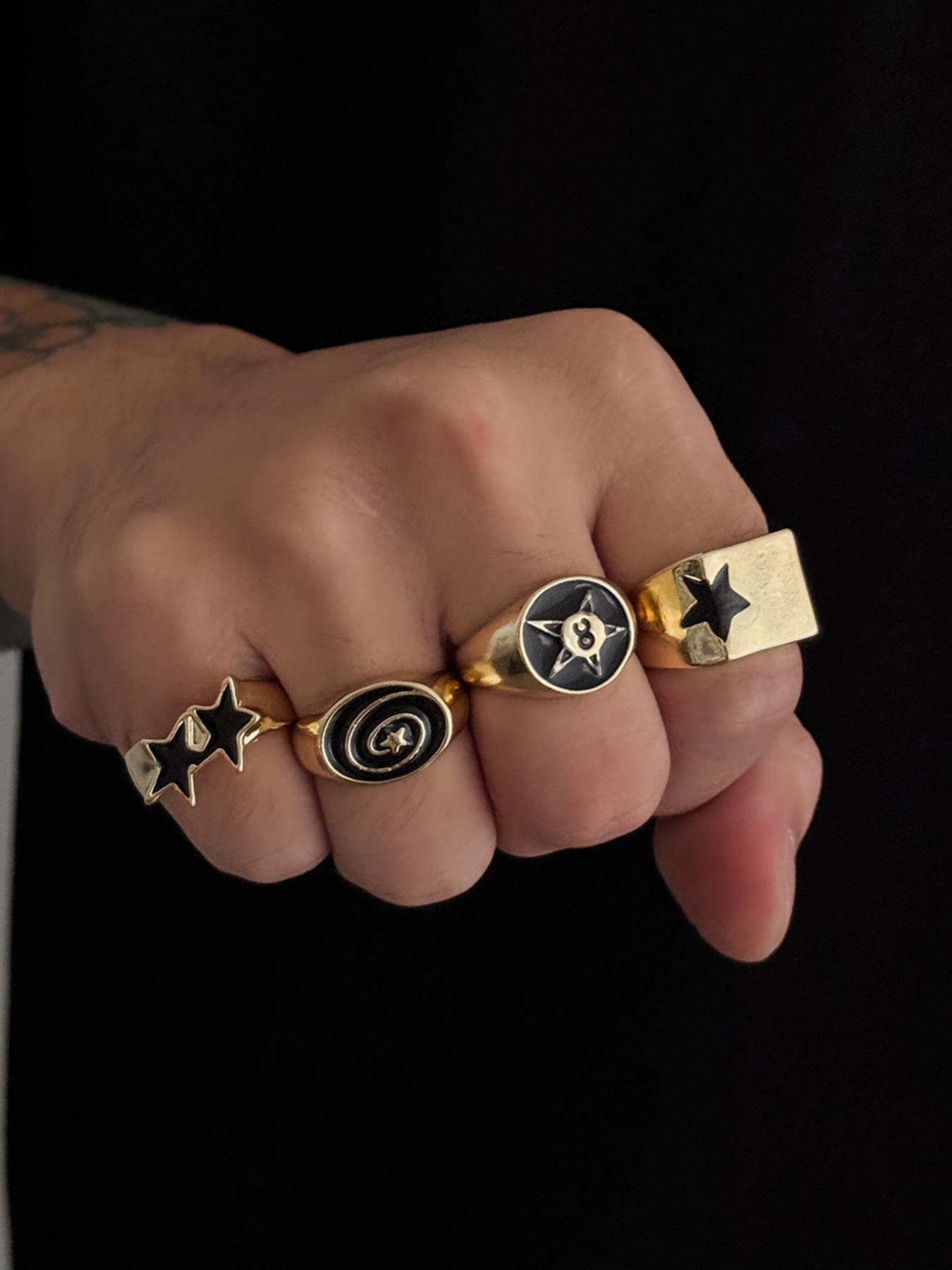 Vintage Star Head Ring Set, Dark Punk Joint Rings, Holiday Gift, Street Style Charm Accessories, 4 Piece, Stackable Rings, Statement Multi Ring, All Seasons