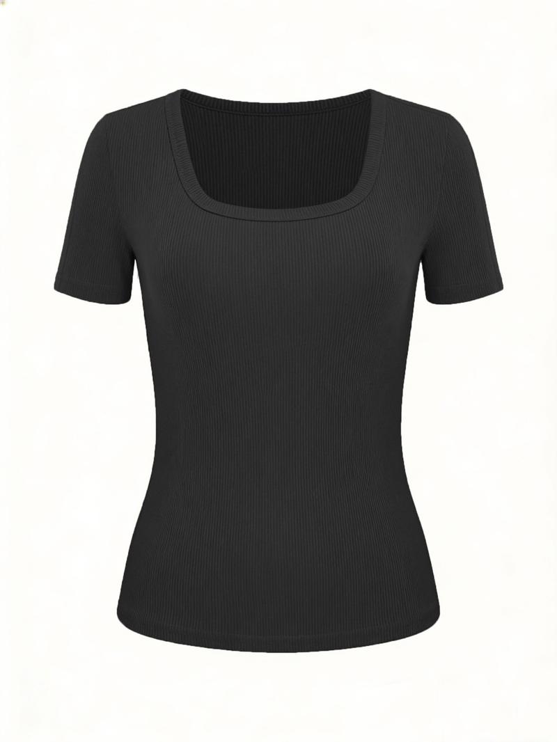 Women's Casual Slim-Fitting Short Sleeve Top, 3-Pack Plain Ribbed Square Neck T-Shirt, Medium Stretch Summer Basic Wear