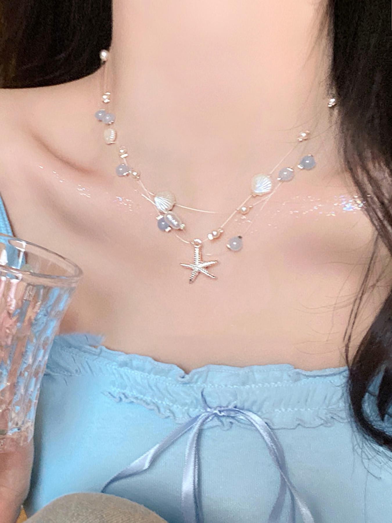 Elegant Multi-Layer Silver Color Glass Pearl Shell Starfish Pendant Necklace, Women's Fashion Jewelry, Perfect Gift Idea Elegant Multi-Layer Silver Color Glass Pearl Shell Starfish Pendant Necklace, Women's Fashion Jewelry, Perfect Gift Idea