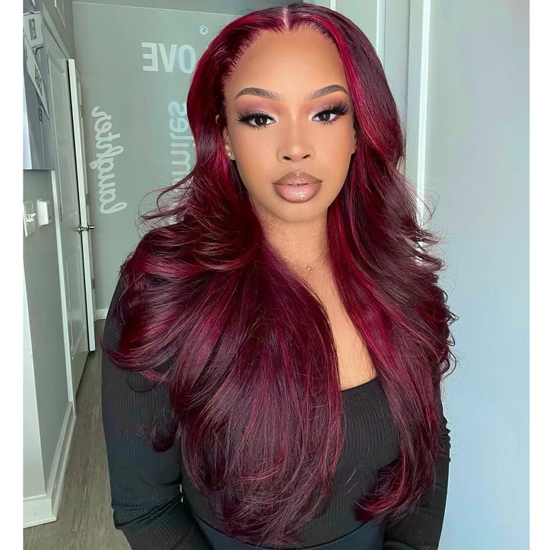 Red Highlight Balayage Color Straight 200% Density Lace Frontal Human Hair Wigs Burgundy and Red Highlight 13X6 HD Transparent Lace Pre Plucked Natural Hairline For Woman Ombre Human Hair Wigs
