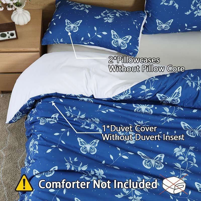 Blue Butterfly Print Bedding Duvet Cover Set, 3-Piece Set includes 1 duvet cover + 2 pillowcases, without inserts.Ultra soft and suitable for all seasons.The bedding is designed with a zipper closure, ideal for bedroom and guest room decoration.