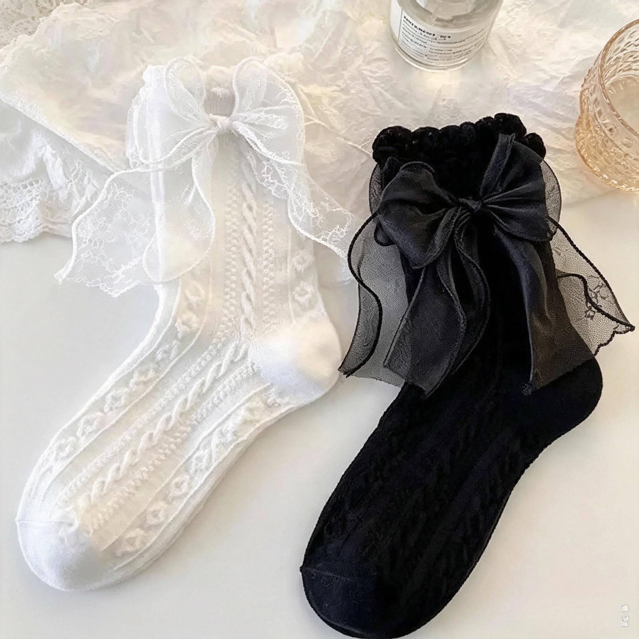 Women’s 6-Pair Coquette Lace Crew Socks - 3D Floral Cable Knit, Sheer Organza Bow, Lightweight Ruffled Breathable Knit Cotton-Blend Mid-Calf Hosiery, Elastic Vintage Streetwear Accessory for Gothic & Casual Outfits (Cold Hand Wash), Trend, Shorts