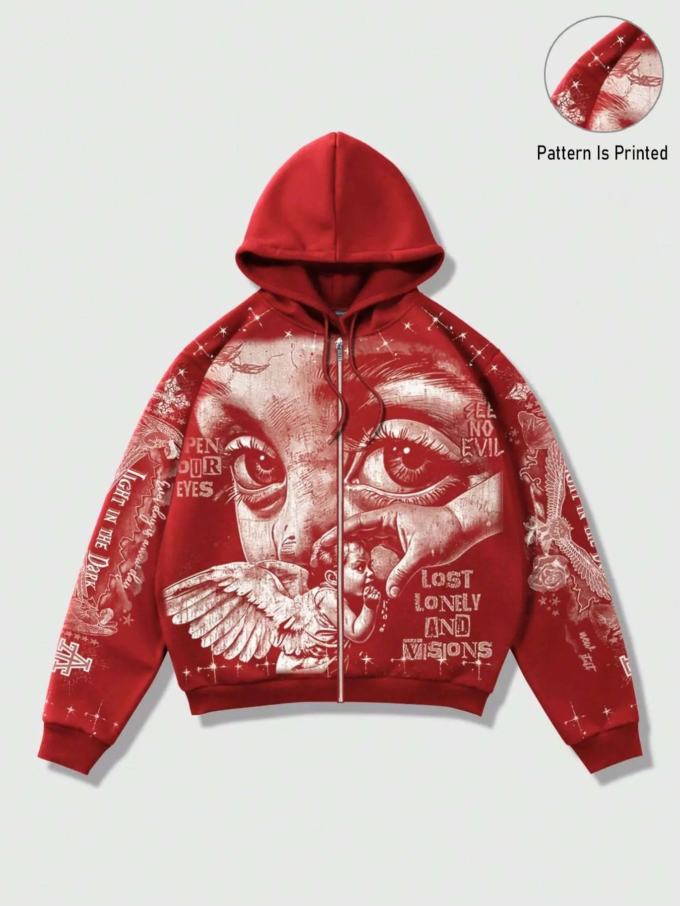 Men's Y2K Retro Streetwear Hoodie, Vintage Graphic Hoodie, Casual Oversized Loose-Fit Jacket, Angel Wings Graffiti Print, Zip-Up Sweatshirt, Dark Fashion, Trendy Graphic Hoodies, Hooded Top