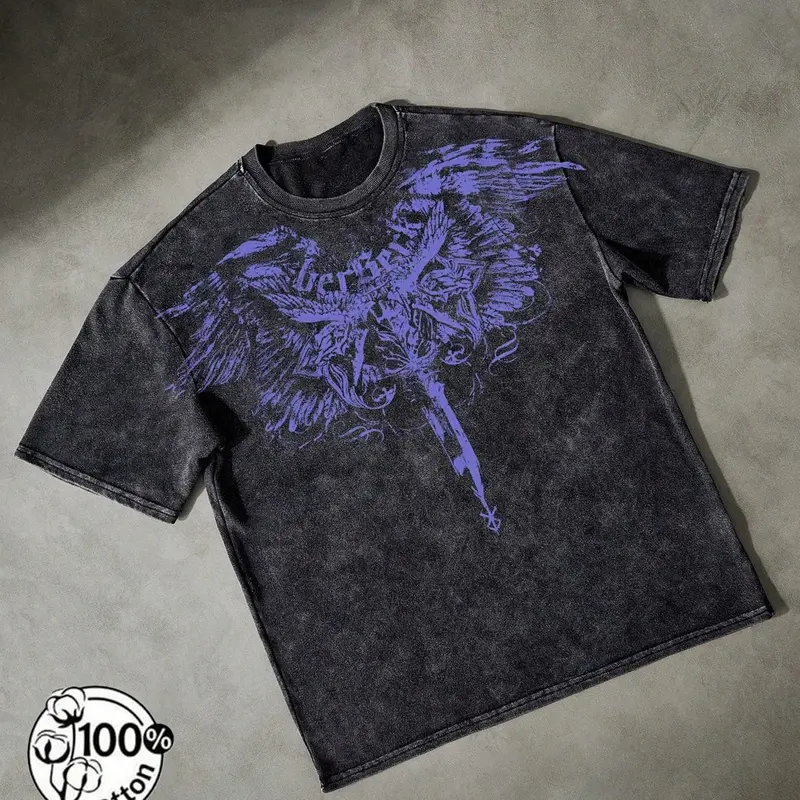 Unisex 100% Cotton Washed Vintage Blue Wing Skull Cross Print Oversized T-Shirt | Y2K Gothic Dark Grunge High Street American Retro Streetwear Top