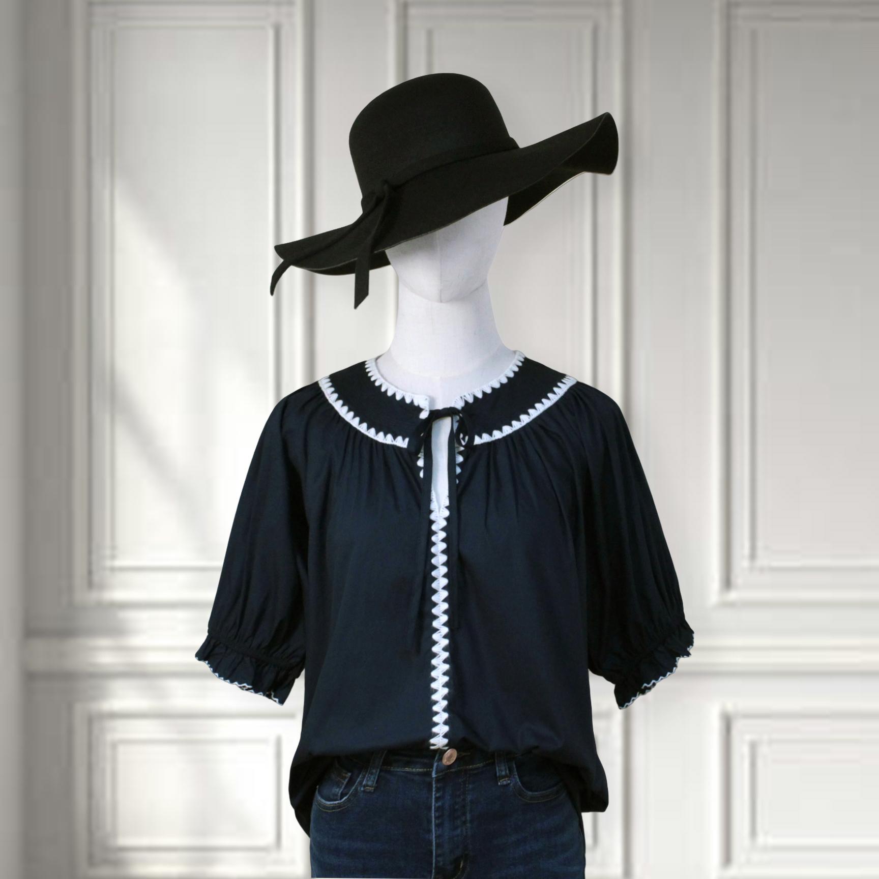 SageVell 100% Cotton Navy Blue Embroidered Blouse with Round Collar & Ruffled Sleeve Tops, Womenswear Casual Style Shirt Fabric Medium Shortsleeve Fitted Crewneck SpringStatements