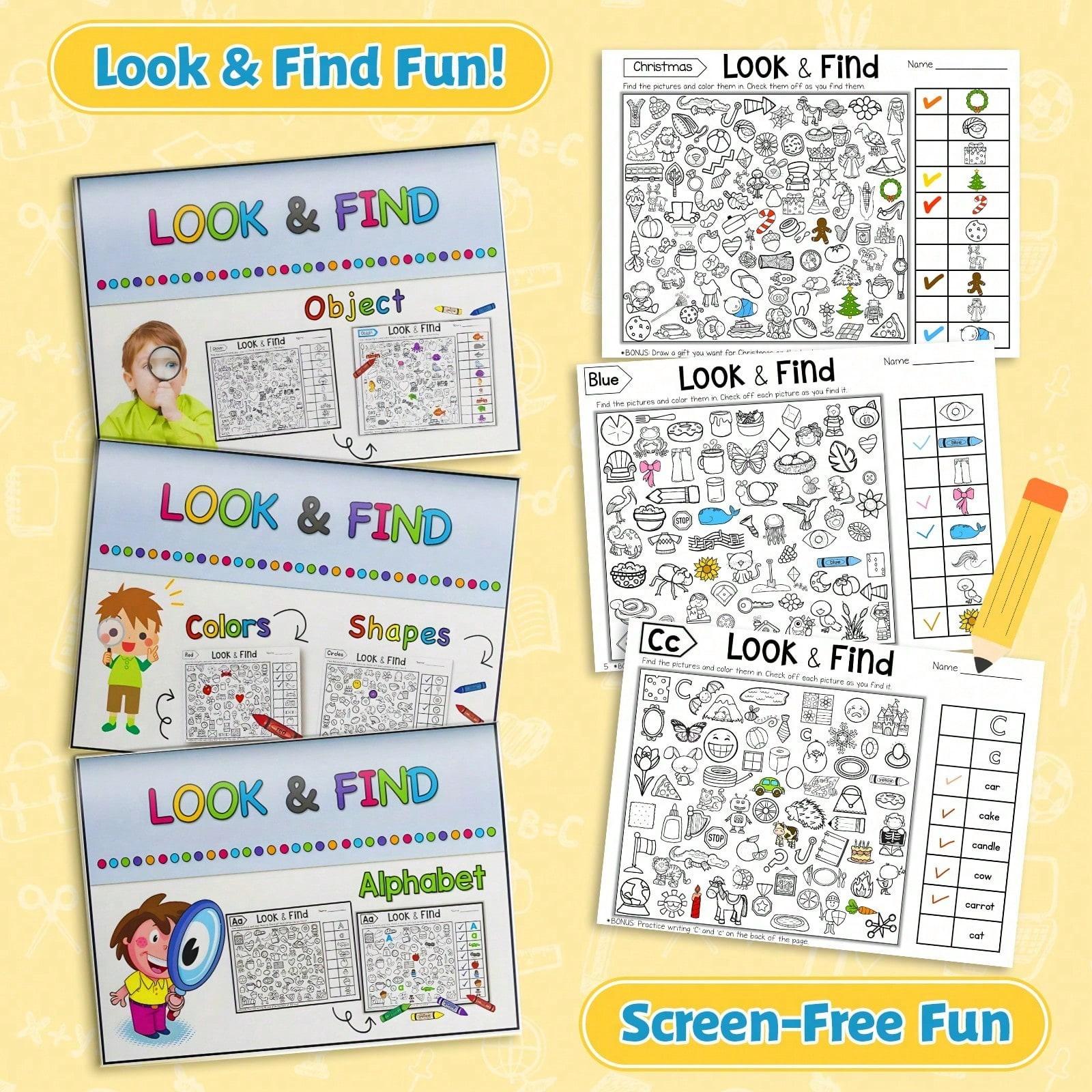 Look and Find Activity Workbook, Hidden Objects Search-and-Spot Pages, Alphabet / Objects / Colors & Shapes Themes, Visual Scanning and Observation Practice, Checklist Challenges, Screen-Free Puzzle Fun, Clear Worksheets for Daily Practice