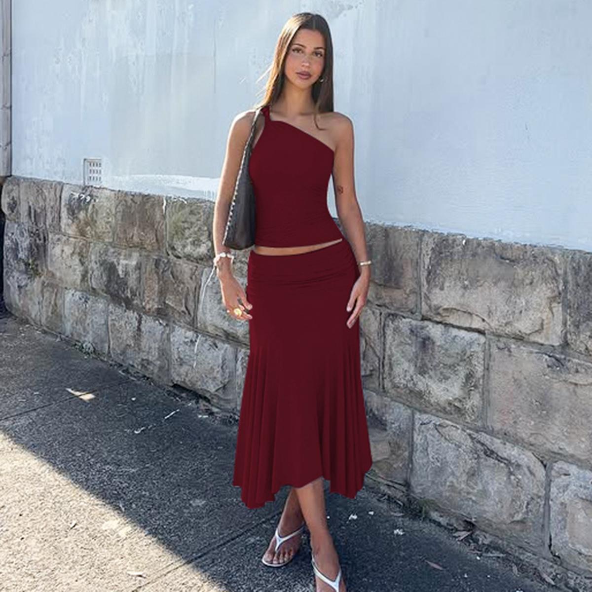 Two-piece Set, Beach Outfits Set, Women's Solid Color One Shoulder Knotted Sleeveless Tank Top & Bodycon Ruched Irregular Hem Skirt, Casual Outfits for Daily Outdoor Wear, Ladies Clothes for Summer